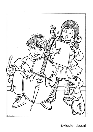 Kinderen maken muziek 2, kleurplaat op kleuteridee, kids making music, free printable coloringpage.
