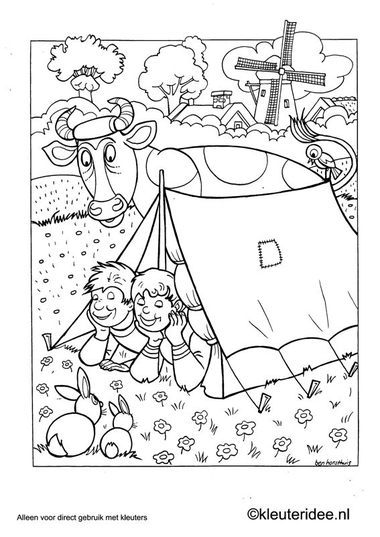 Kleurplaat thema camping 2, kleuteridee.nl , preschool camping coloring.