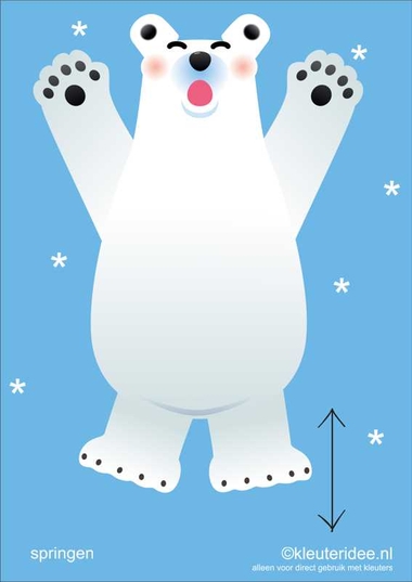 Bewegingskaarten ijsbeer voor kleuters 7, springen , kleuteridee.nl, thema Noorpool, Movementcards for preschool, free printable.