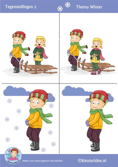 Tegenstellingen voor kleuters 2, thema winter, Preschool winter opposites, free printable.
