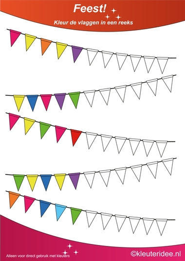 Kleur de vlaggen in een reeks 4, thema feest voor kleuters, juf Petra van kleuteridee, Color the flags, free printable.