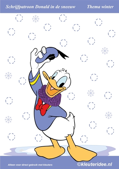 Schrijfpatroon Donald Duck in de sneeuw, kleuteridee.nl , Snow writing pattern, free printable.