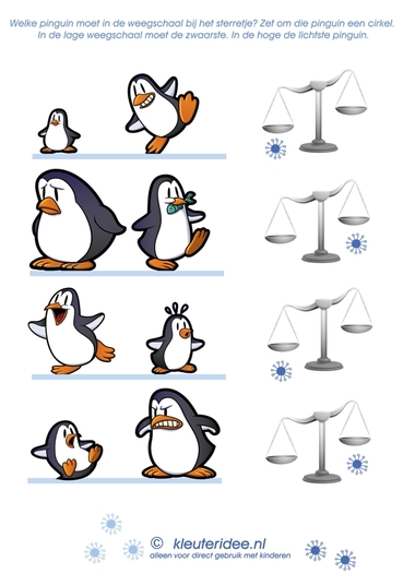 Weeg de pinguïns, kleuteridee.nl, thema Noordpool & Zuidpool, free printable