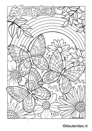 Kleurplaat vlinder 3, kleuteridee.nl ,butterfly preschool coloring.