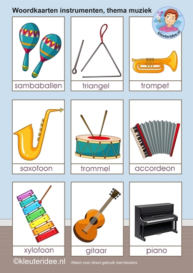 Woordkaarten muziekinstrumenten 1, algemeen, kleuteridee.nl, free printable.