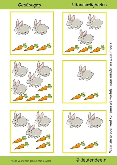 Citovaardigheden voor kleuters, kleuteridee.nl ,meten en getalbegrip, Waar zie je evenveel, waar meer en waar minder wortels dan konijnen , rekenen voor kleuters.