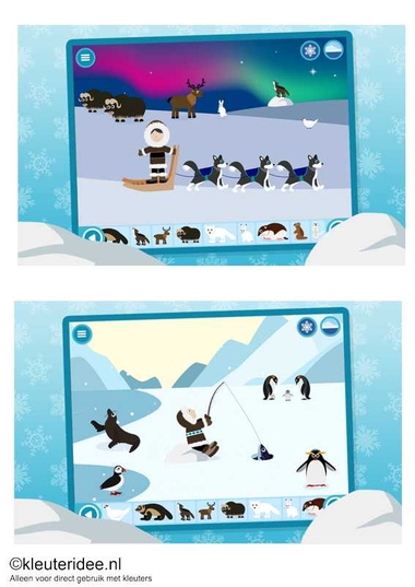 Polar adventure, leuke leerzame app voor jongste en oudste kleuters, voor beschrijving zie kleuteridee.nl , de kinderen leren veel over de dieren, mensen en natuur op de Noordpool en Zuidpool 2, for all languages