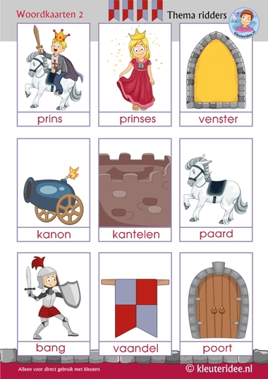 Woordkaarten 2 thema ridders voor kleuters, kleuteridee, Preschool knights theme, free printable.