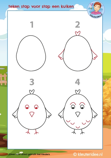 teken een kuiken in het ei, thema de boerderij, kindergarten farm theme, kleuteridee