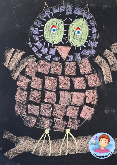 Uil tekenen met bordkrijt, thema vogels voor kleuters, bird theme kindergarten