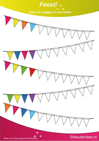 Kleur de vlaggen in een reeks 2, thema feest voor kleuters, juf Petra van kleuteridee, Color the flags, free printable.