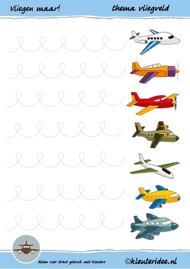 Schrijfpatroon vliegen maar! voor kleuters, thema vliegtuig, juf Petra van kleuteridee, preschool writing pattern aeroplane, free printable.