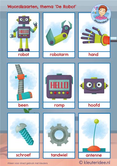 Woordkaarten, thema Robot, 1 kleuteridee
