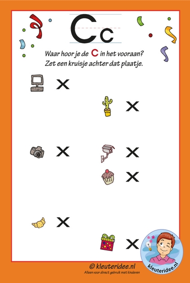Pakket over de letter c blad 12, waar hoor je vooraan de c, de antwoorden, letters aanbieden aan kleuters, kleuteridee.nl..