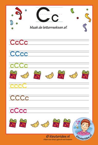 Pakket over de letter c blad 14, maak de letterreeksen af, letters aanbieden aan kleuters, kleuteridee.nl.