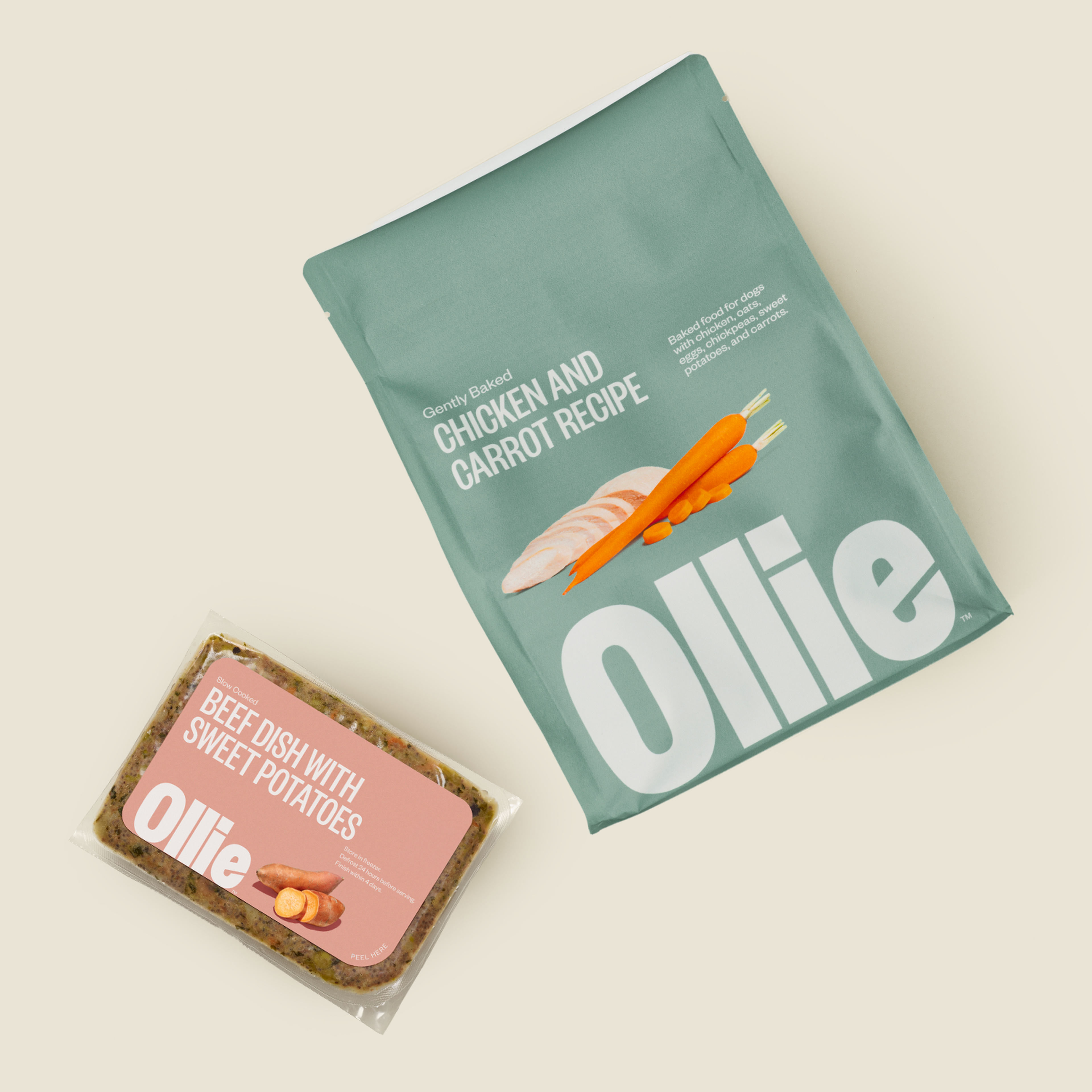 A pack of Ollie's Fresh recipe and a bag of Ollie's Baked recipe.