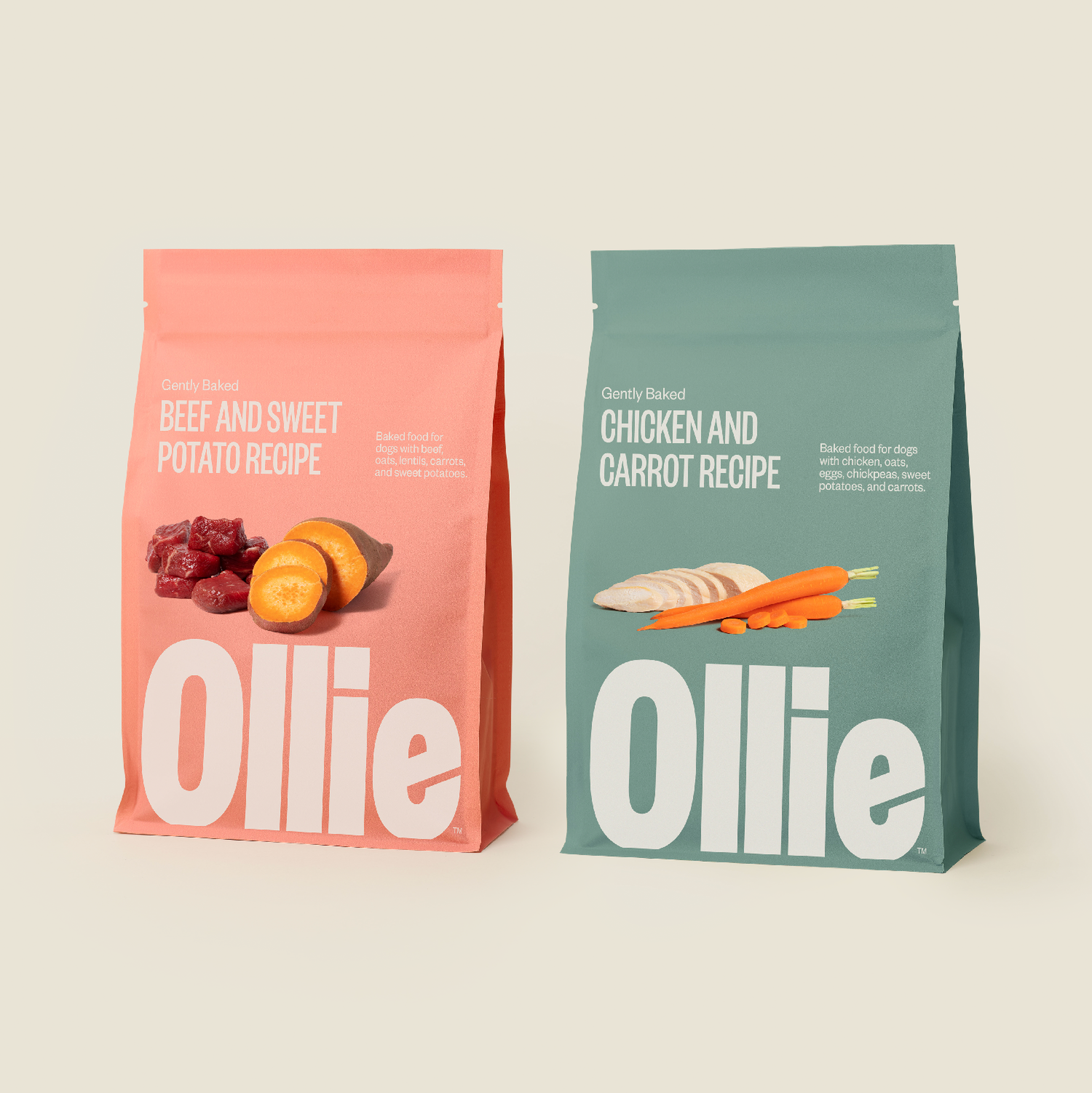 Two bags of Ollie's Baked recipes. One in Beef and Sweet Potato. One in Chicken and Carrot.