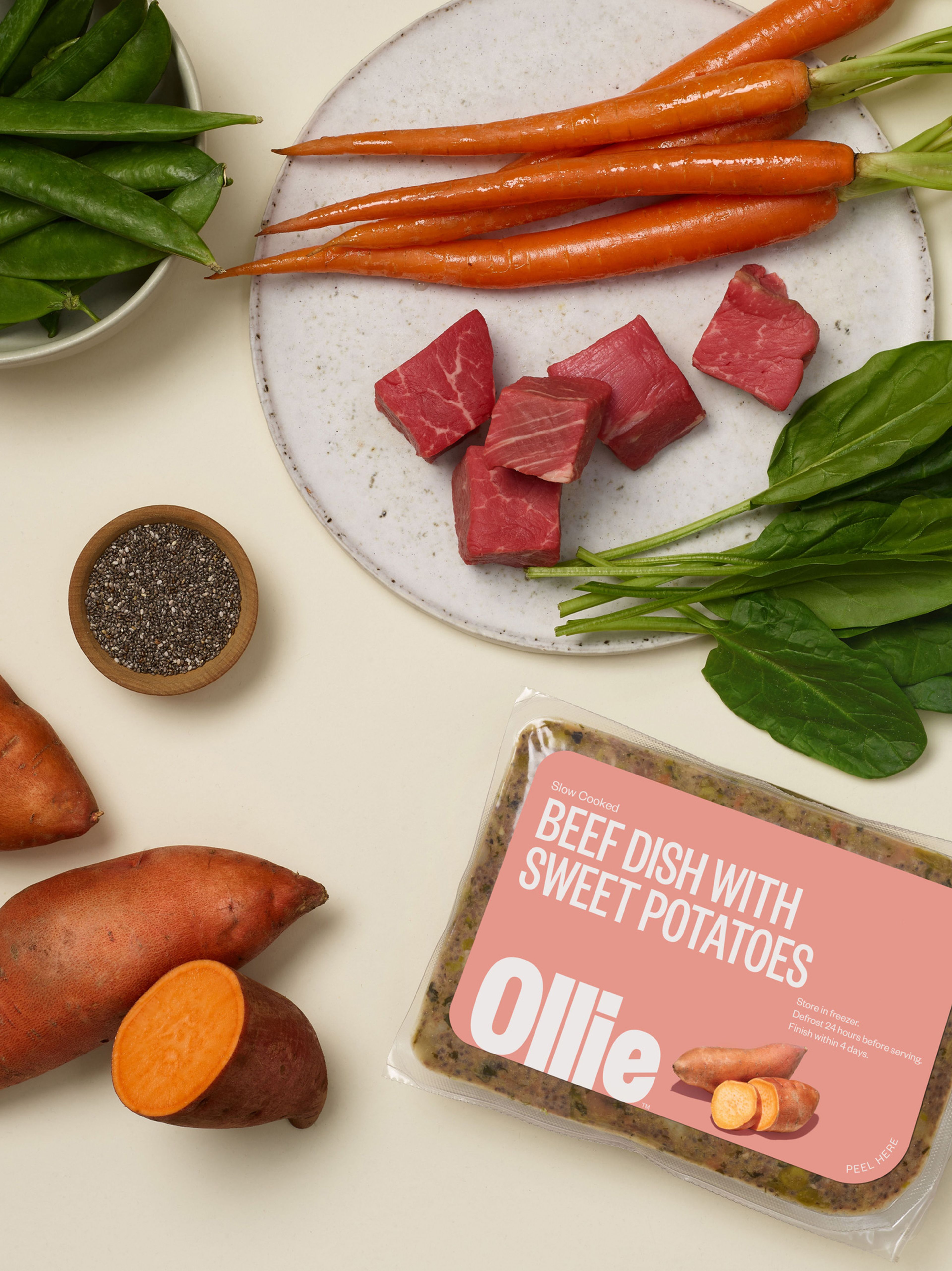 Pack of Ollie's fresh beef recipe next to ingredients