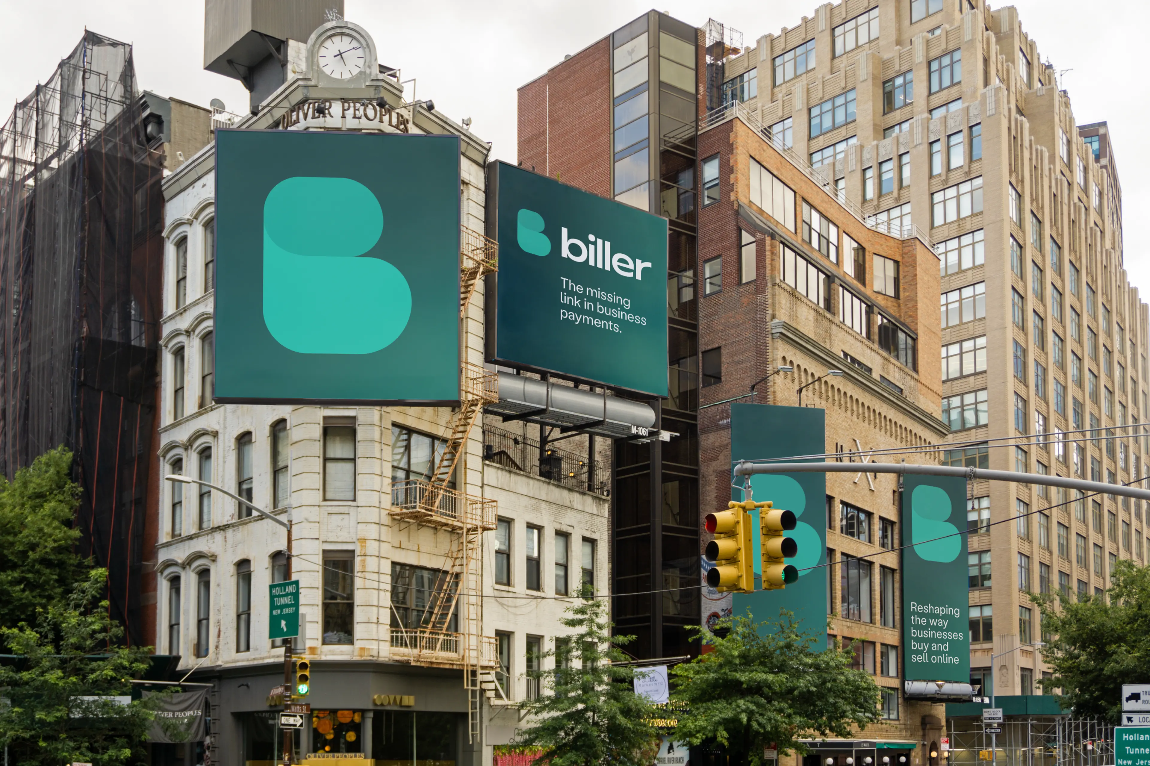 Buildings with big billboards showing biller logo in NYC