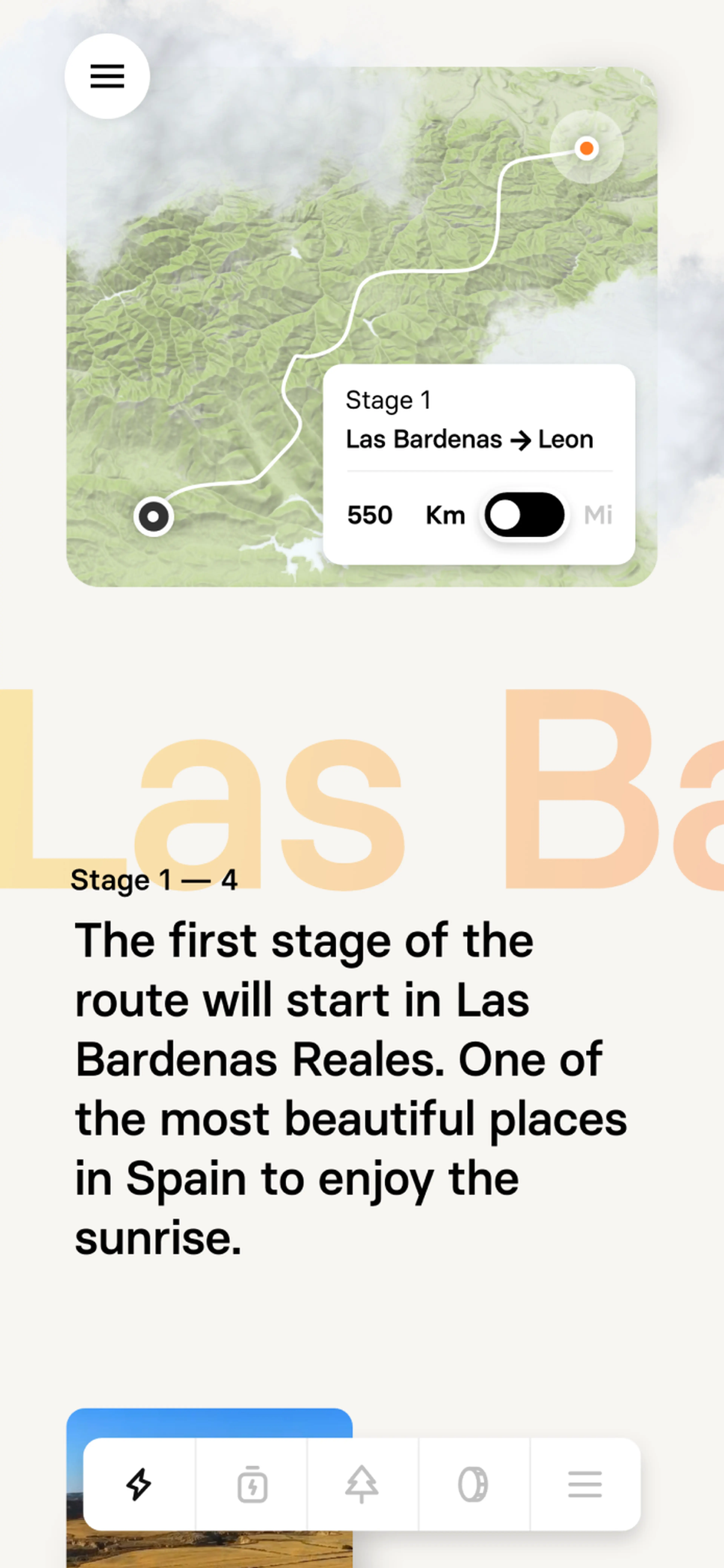 Mobile design of the first part of a route showing a map and short description