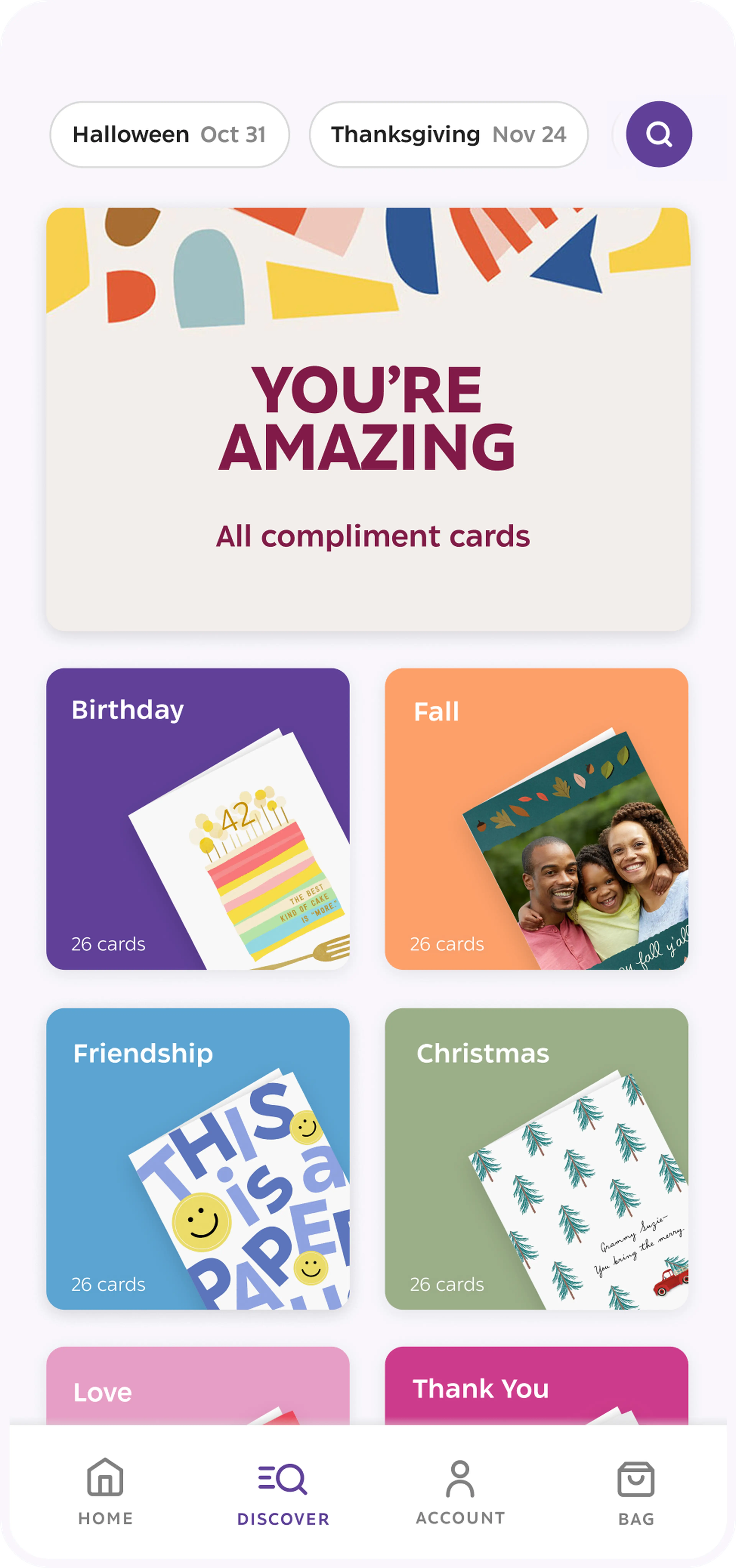 Design of the discover page of the hallmark app
