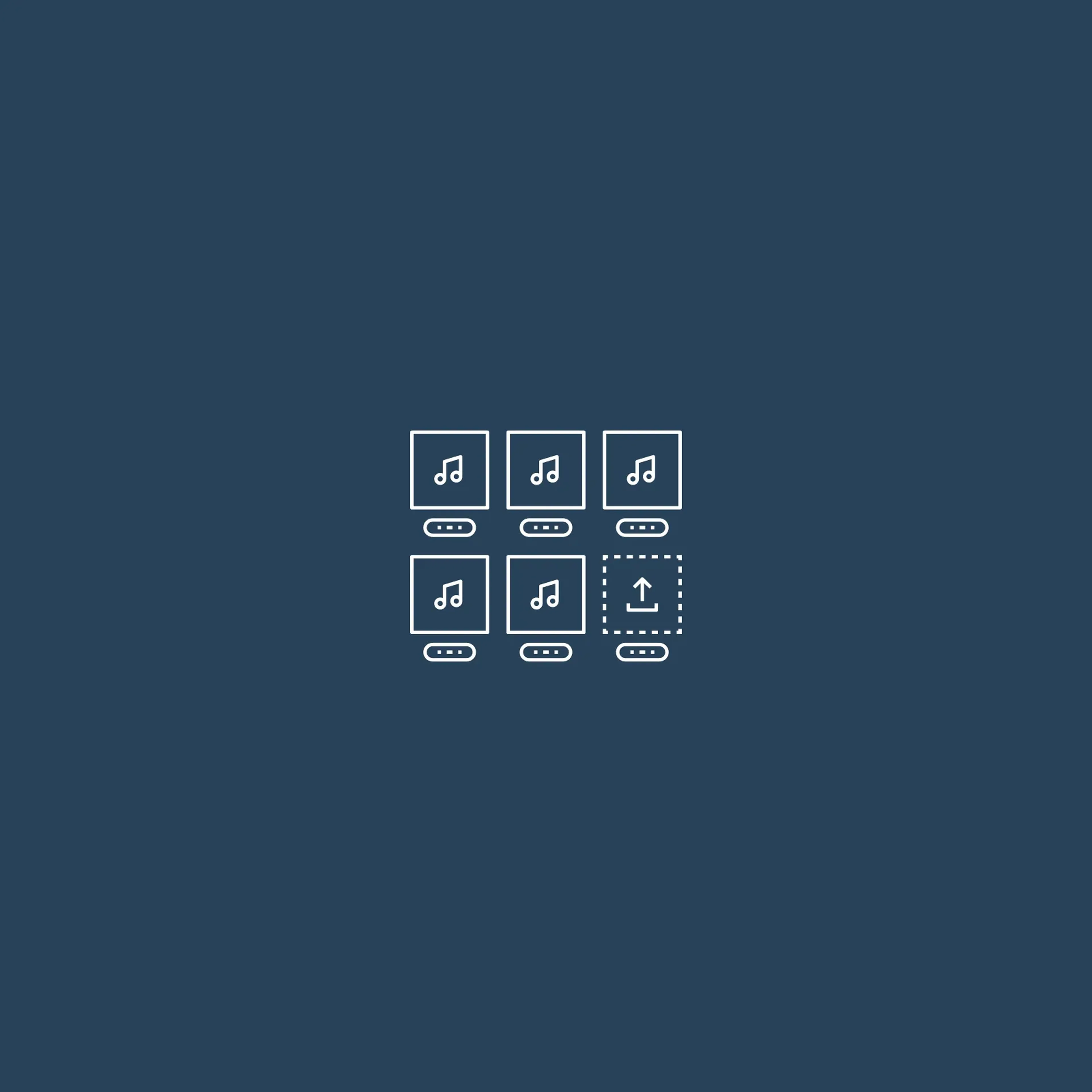 Line icon of a grid of music tiles with an upload slot, representing a tagged catalogue