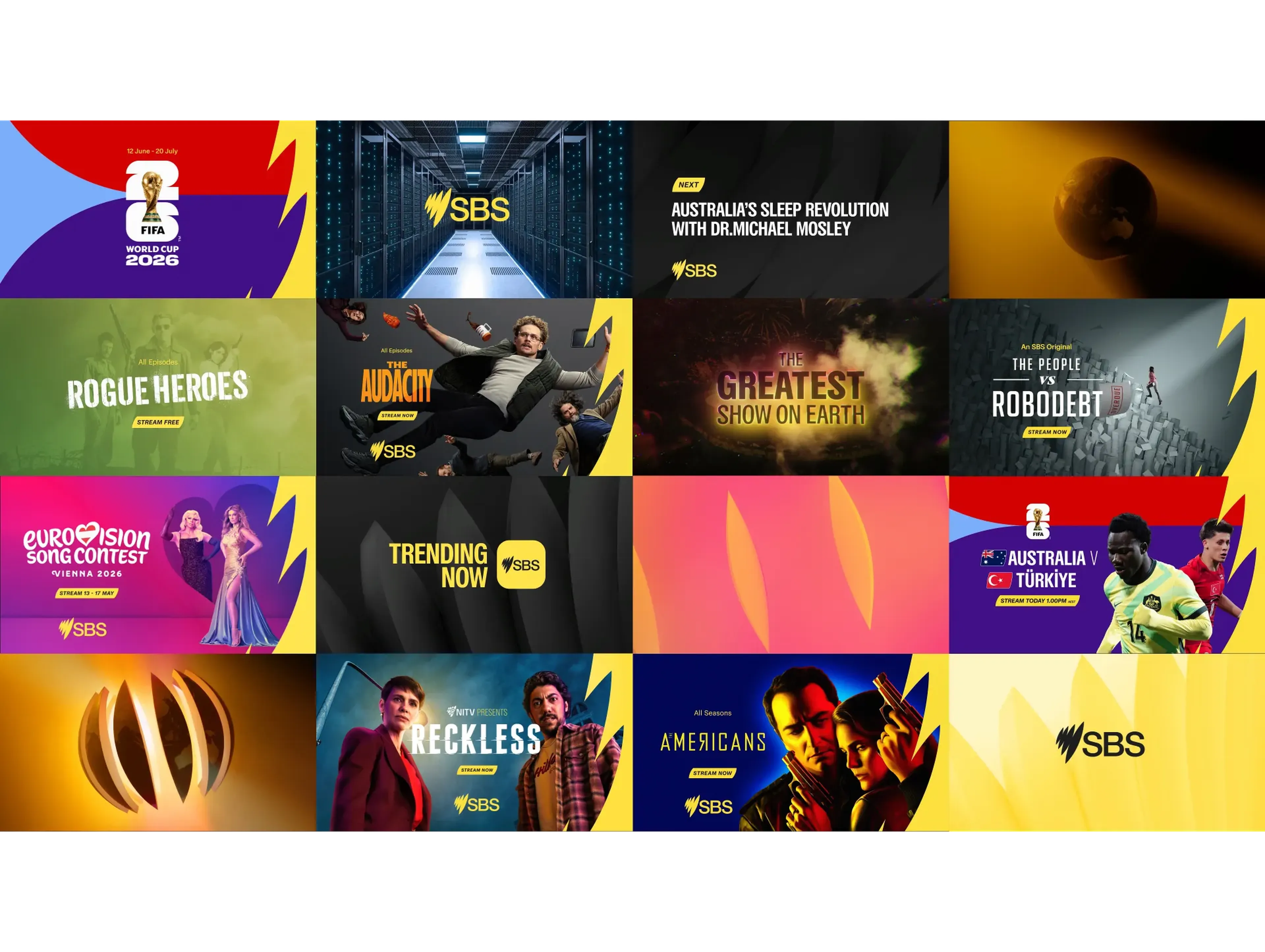 Grid of SBS promos for the FIFA World Cup, Eurovision, Rogue Heroes and more, one sonic identity across many voices
