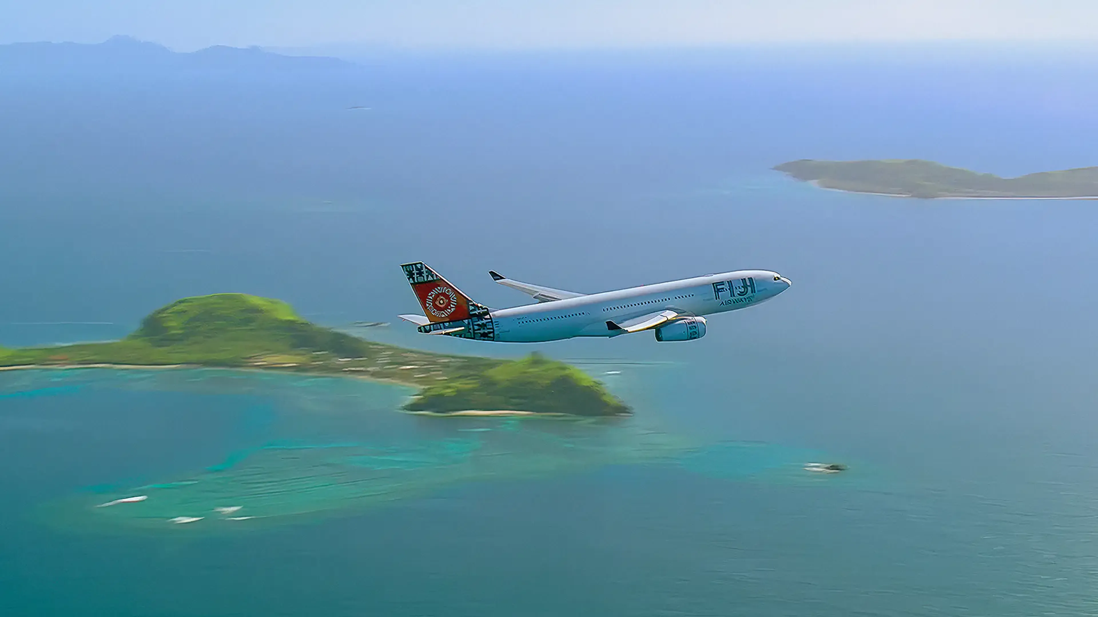 Fiji Airways plane flying over a tropical island and blue ocean, hero image for the Sound of Fiji Airways