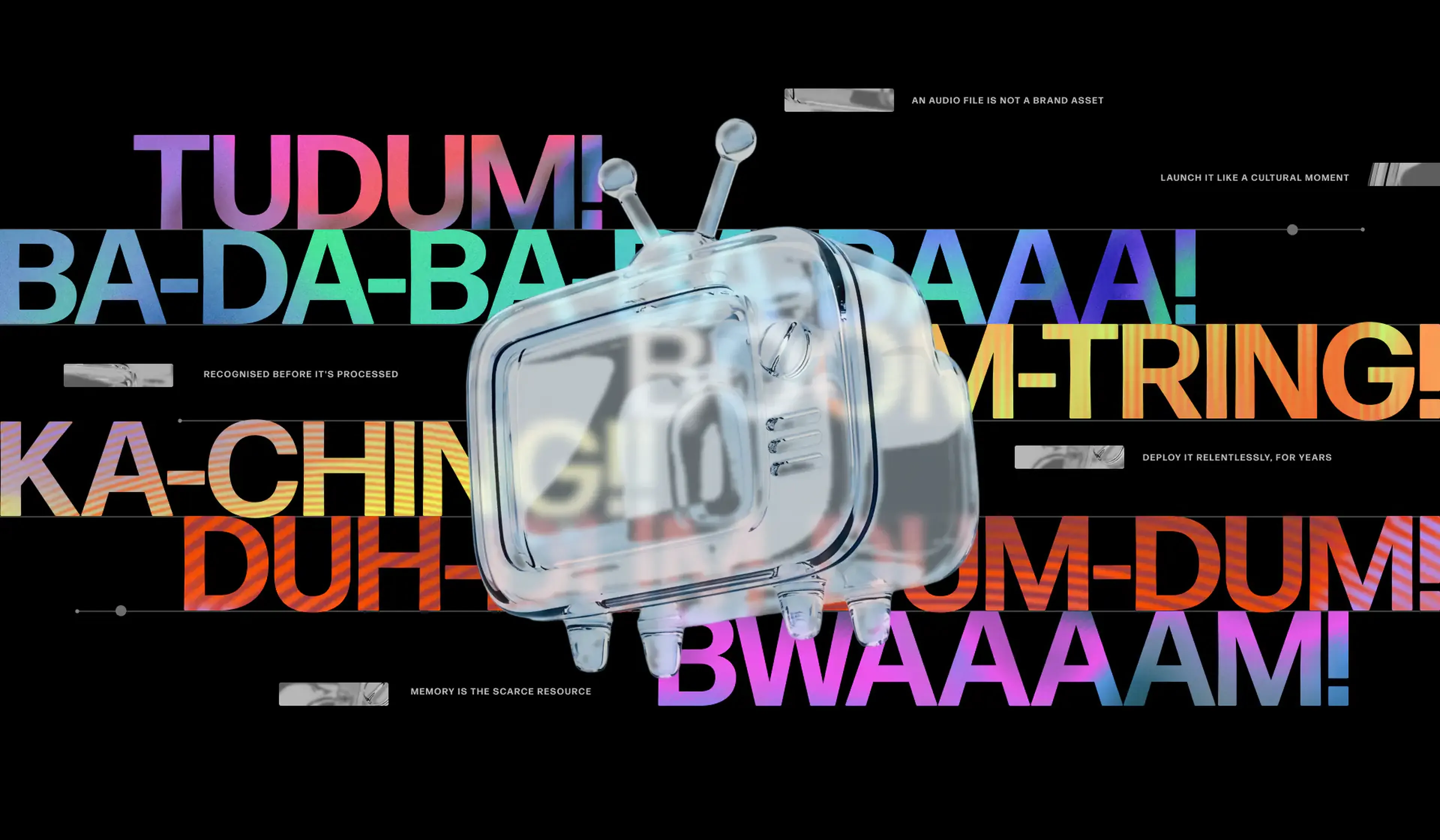 Colourful sonic mnemonics like "Tadum" and "ka-ching" around a glass retro TV, referencing brand jingles made by MassiveMusic and others
