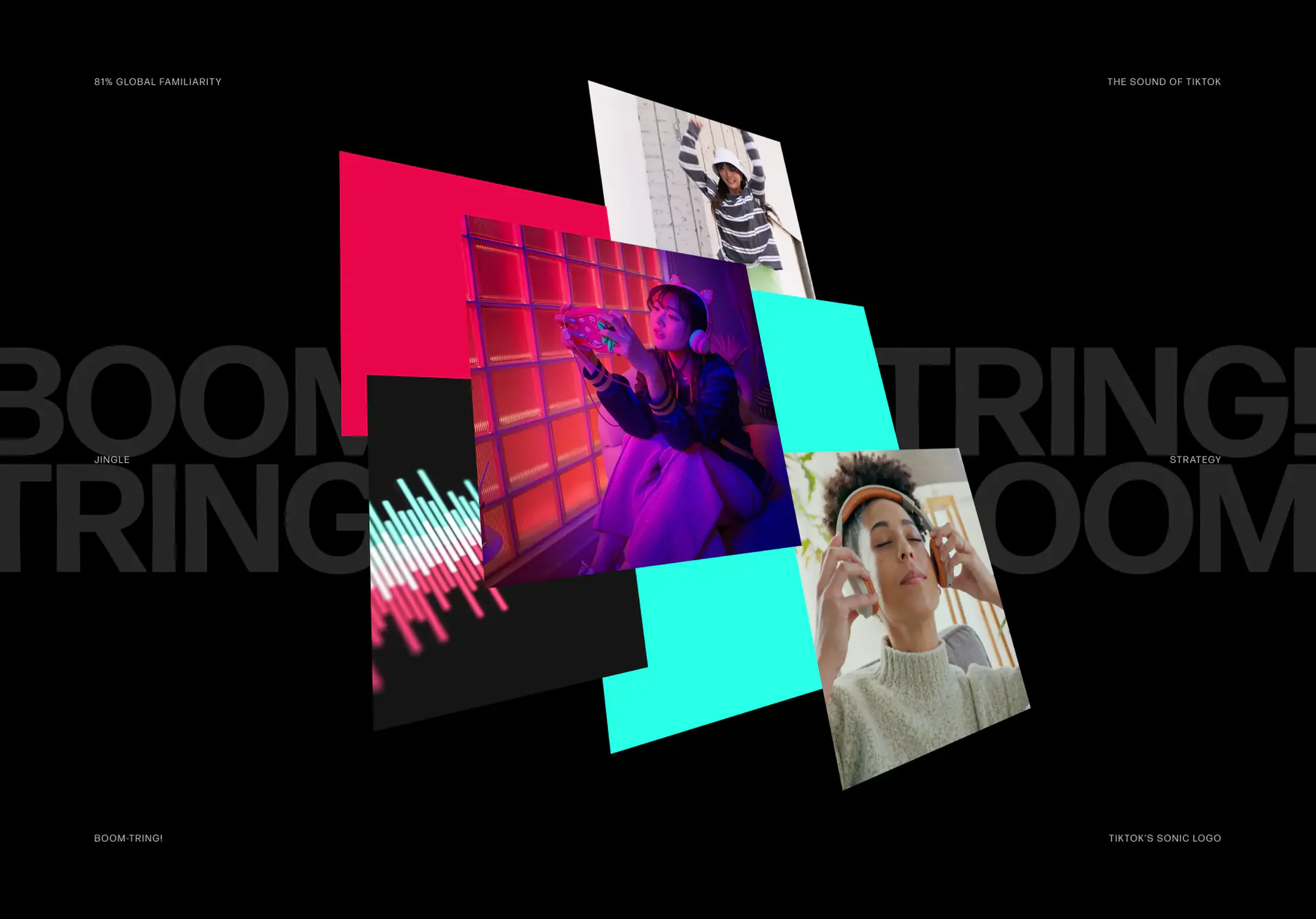 Collage of TikTok's Boom-Tring sonic logo with listeners in headphones, a modern take on the jingle