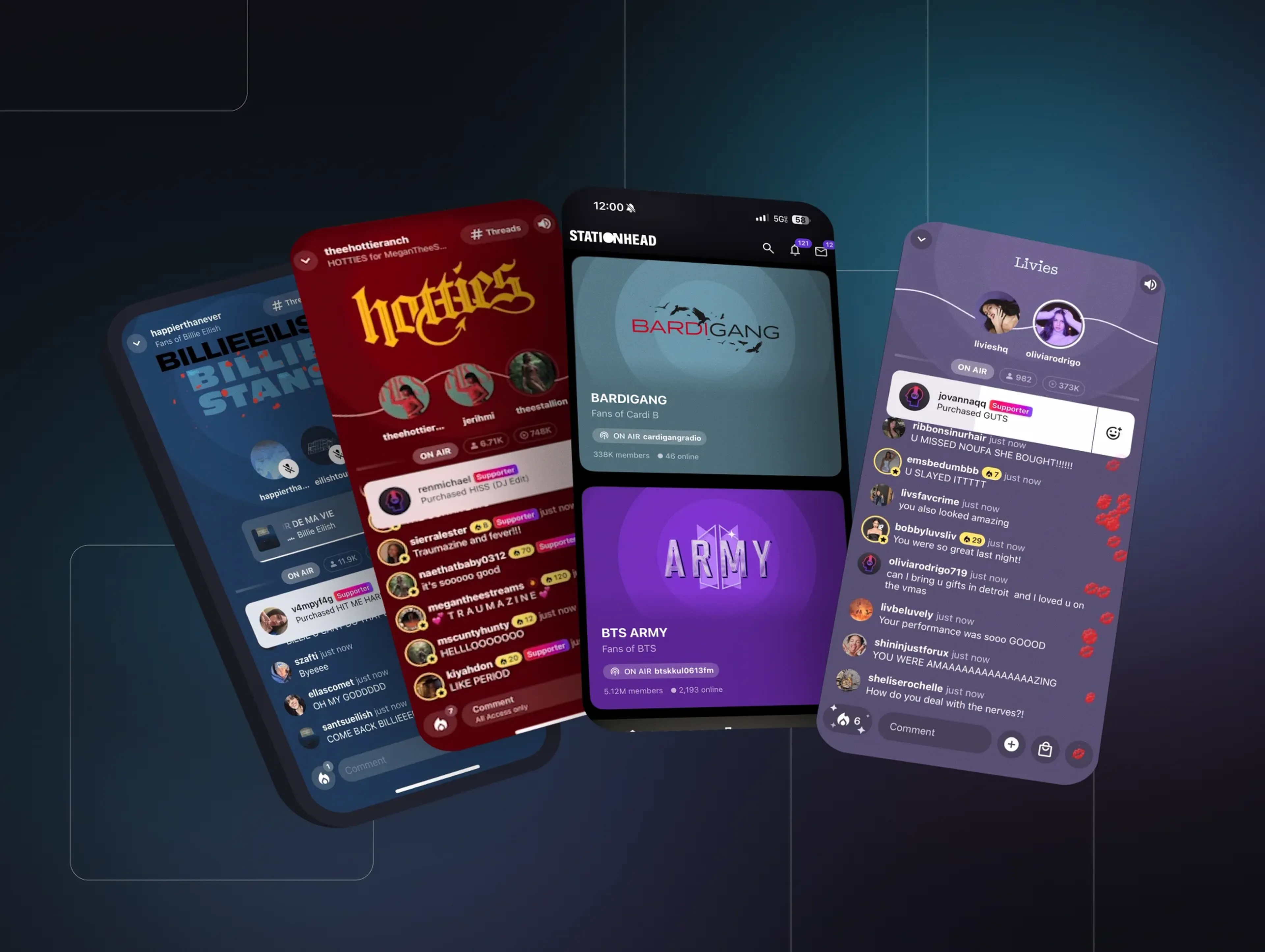 Multiple phone mockups displaying the Stationhead music streaming app interface