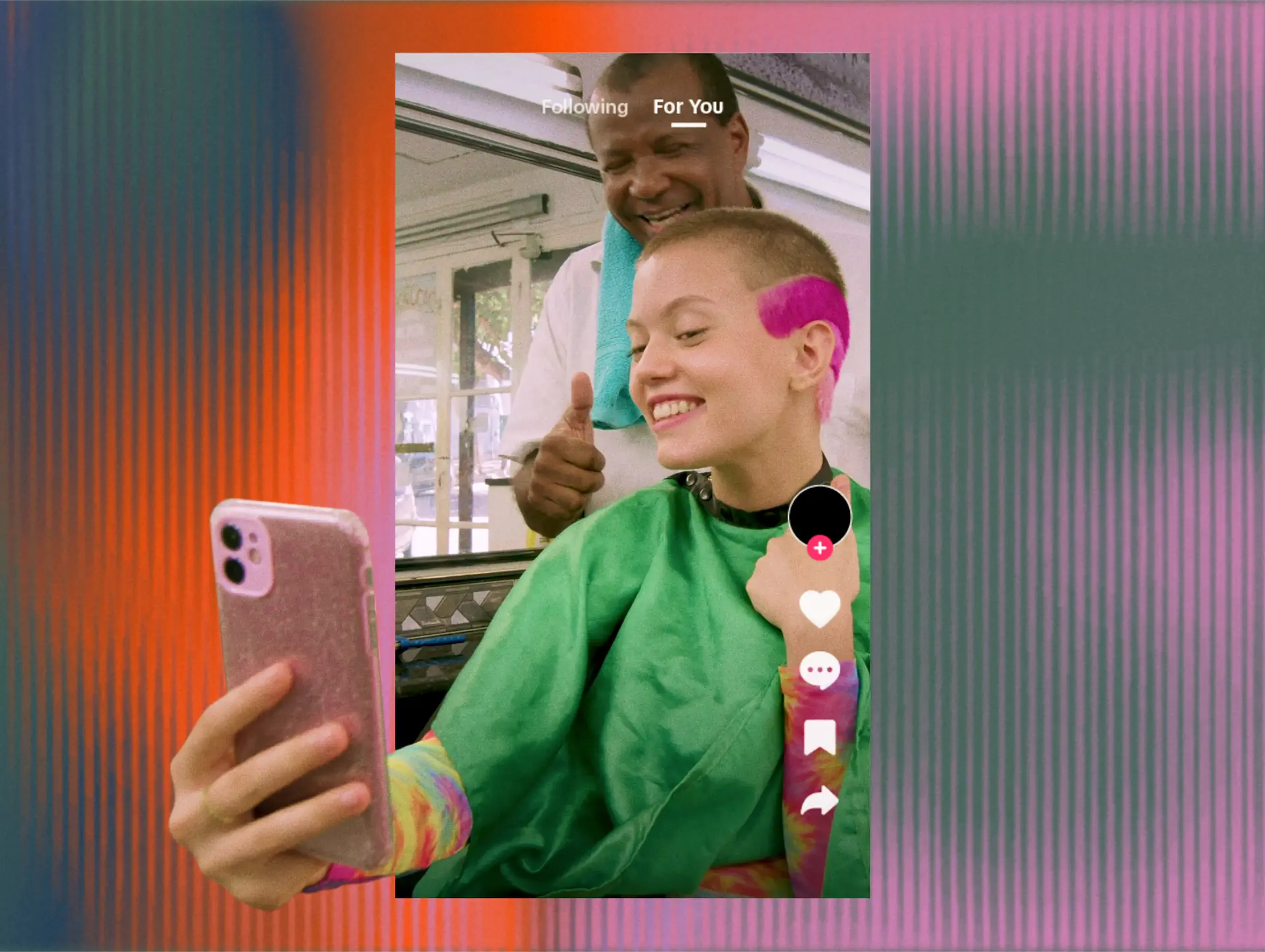 Woman with pink shaved hair filming a barbershop selfie on the TikTok For You feed