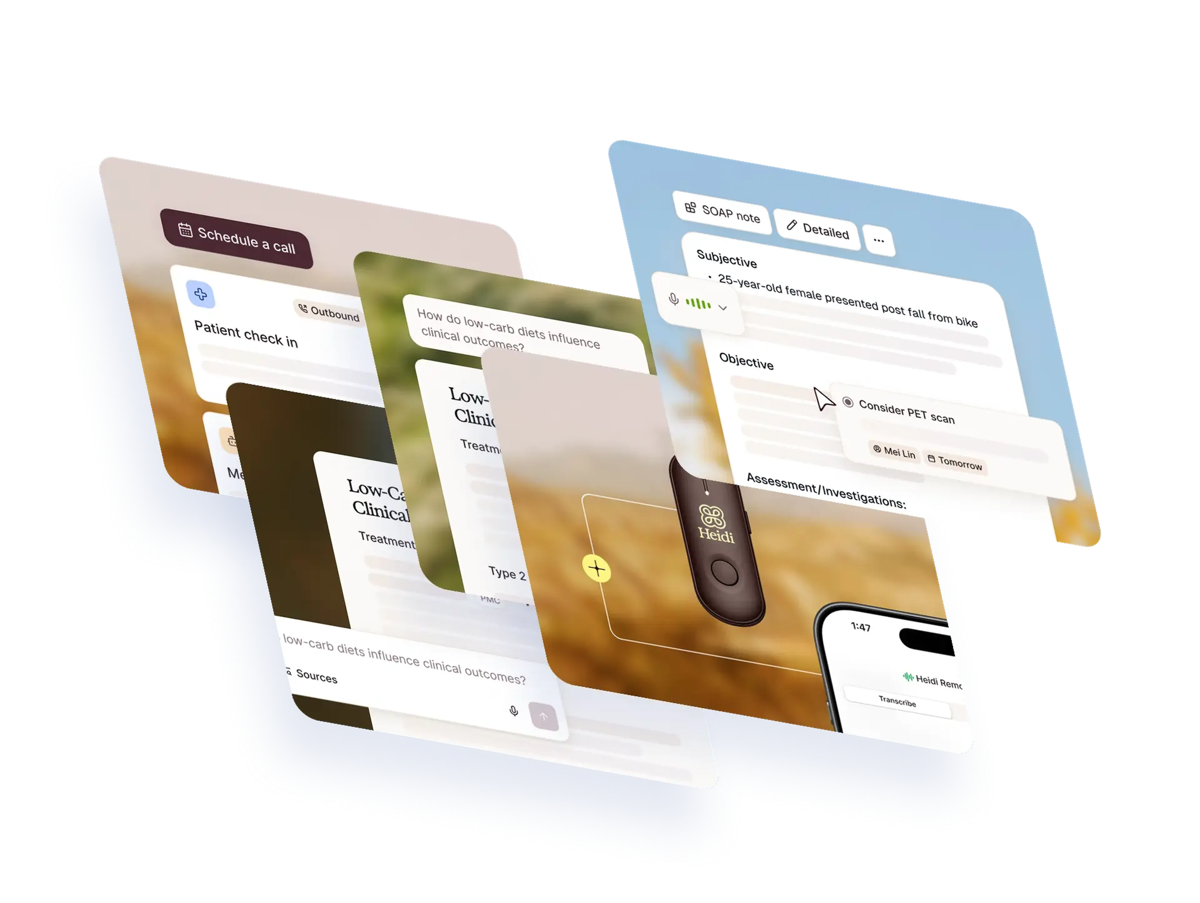 Floating cards showing the Heidi AI scribe interface with SOAP note, patient check-in and pebble device that would be accompanied by the brand's sonic identity.