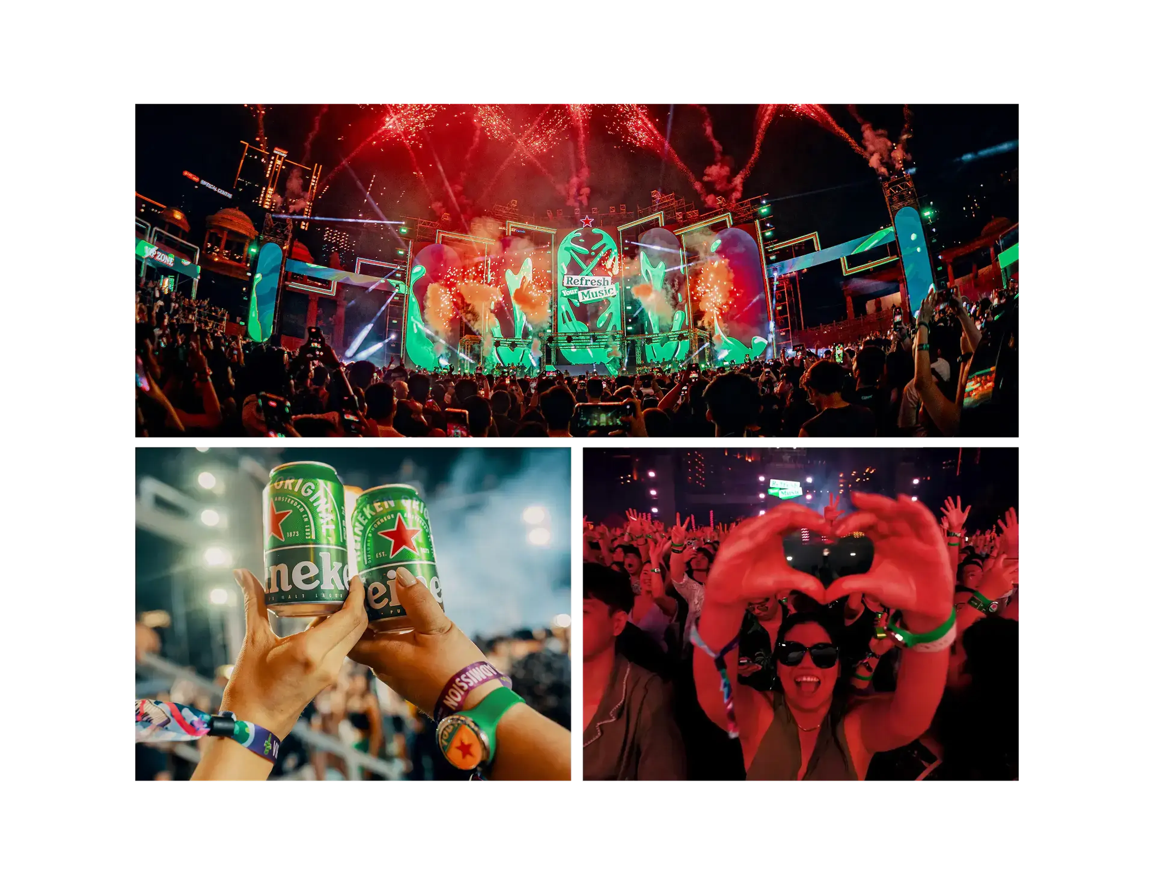 Crowd at a Heineken music event brand activation lit with bright concert lighting and pyrotechnics, also showcasing the signature can.
