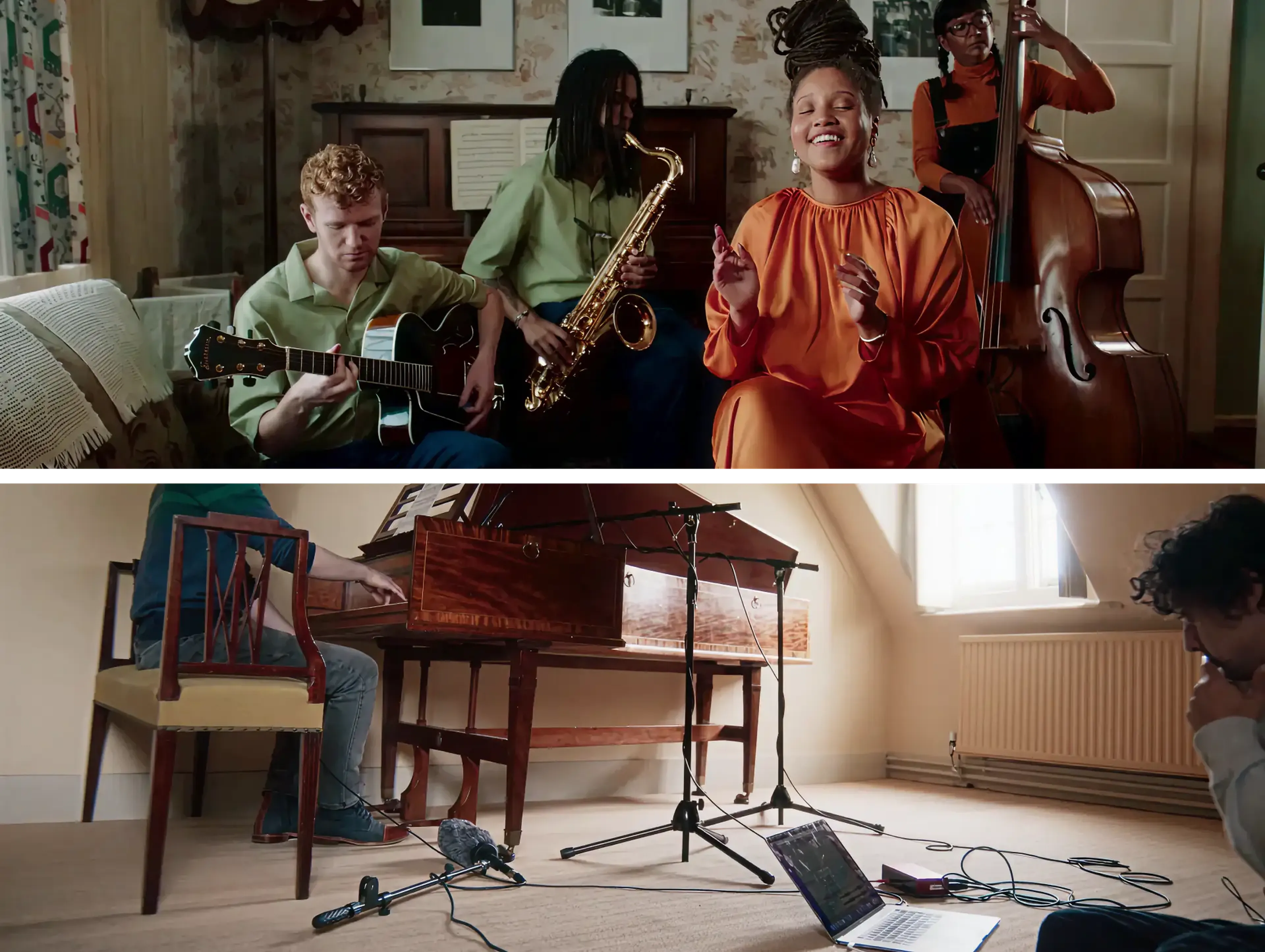 Live band with saxophone and singer plus a harpsichord recording session, from the Sound of National Trust
