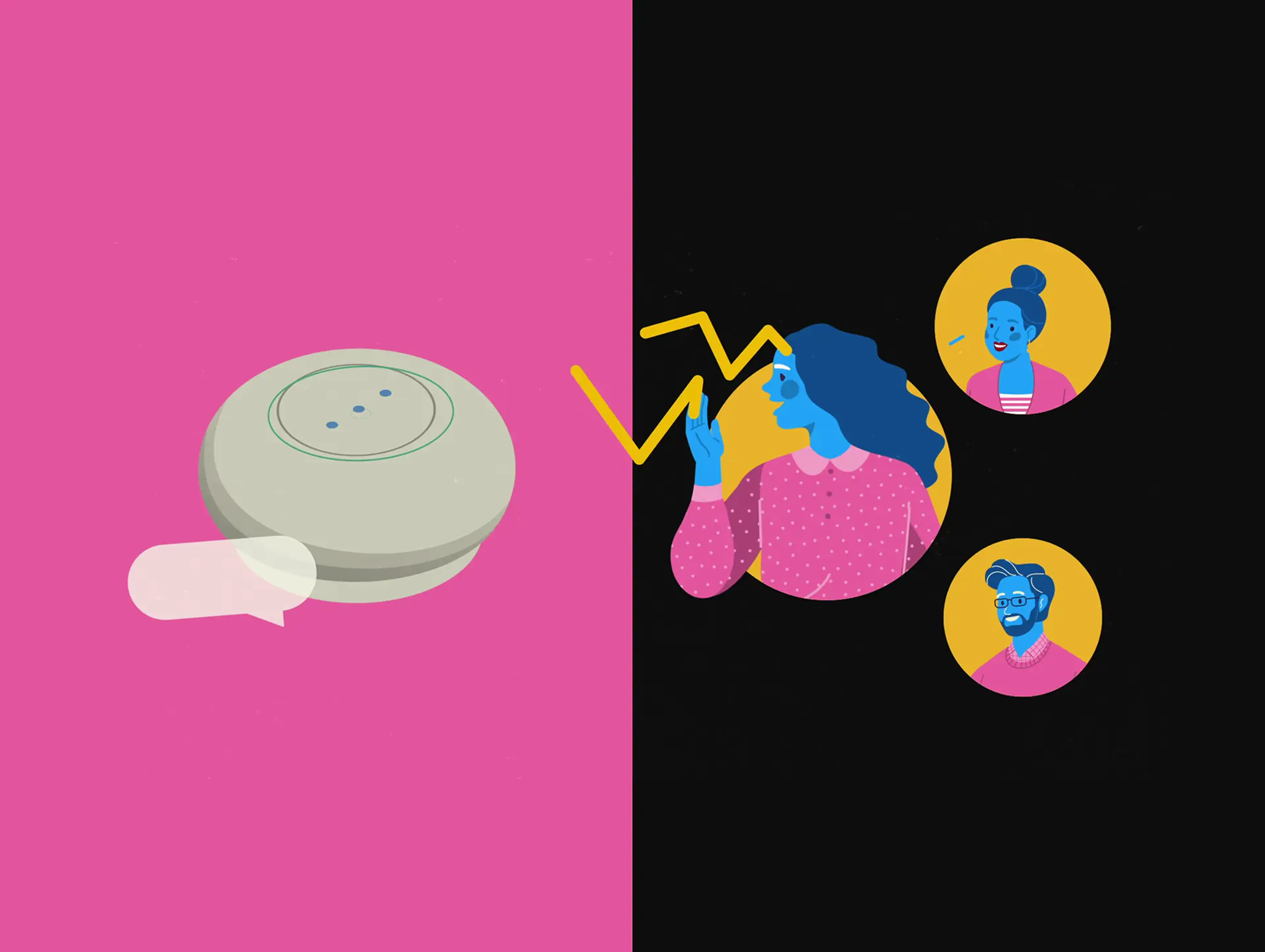 Illustration of a smart speaker with people avatars, from the Sound of Wikimedia campaign