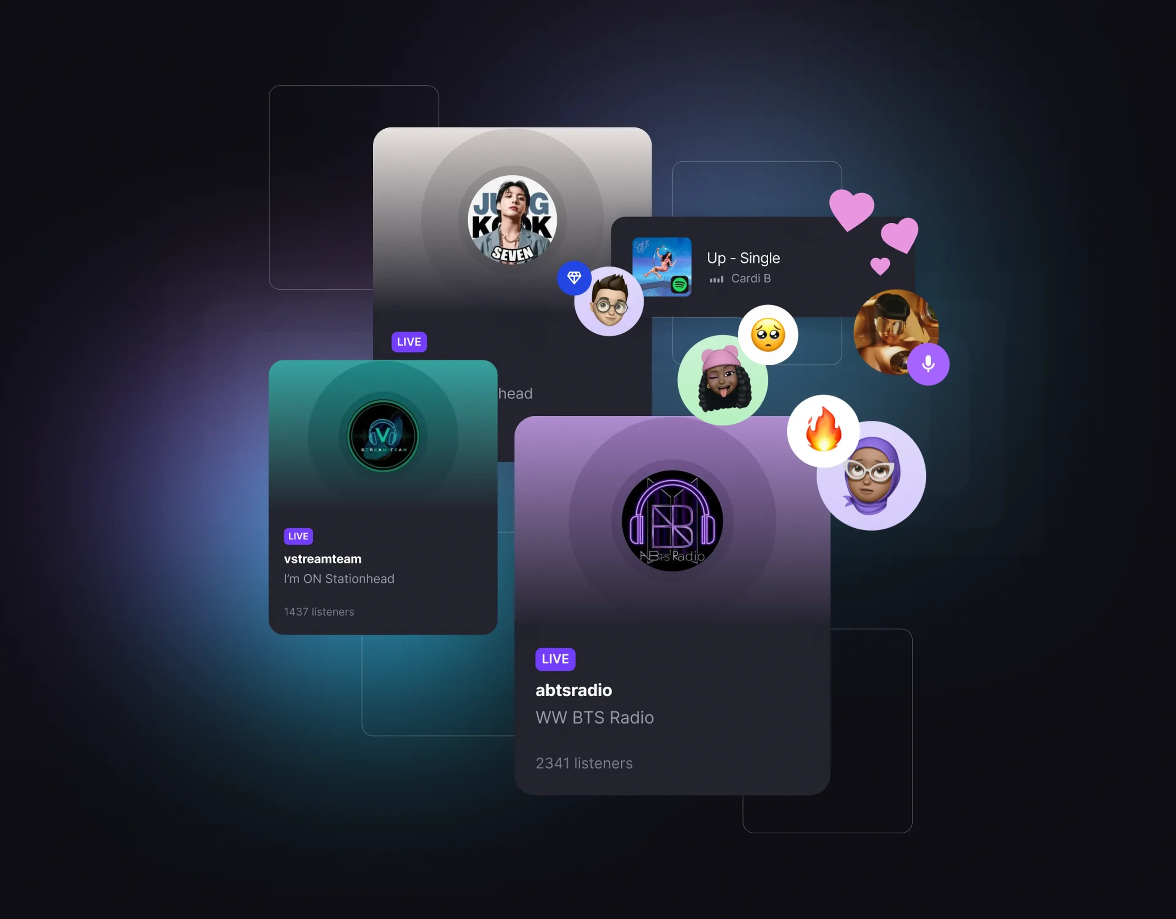 A digital collage of music and radio streaming icons on a dark background, featuring live listener counts and emoji reactions.
