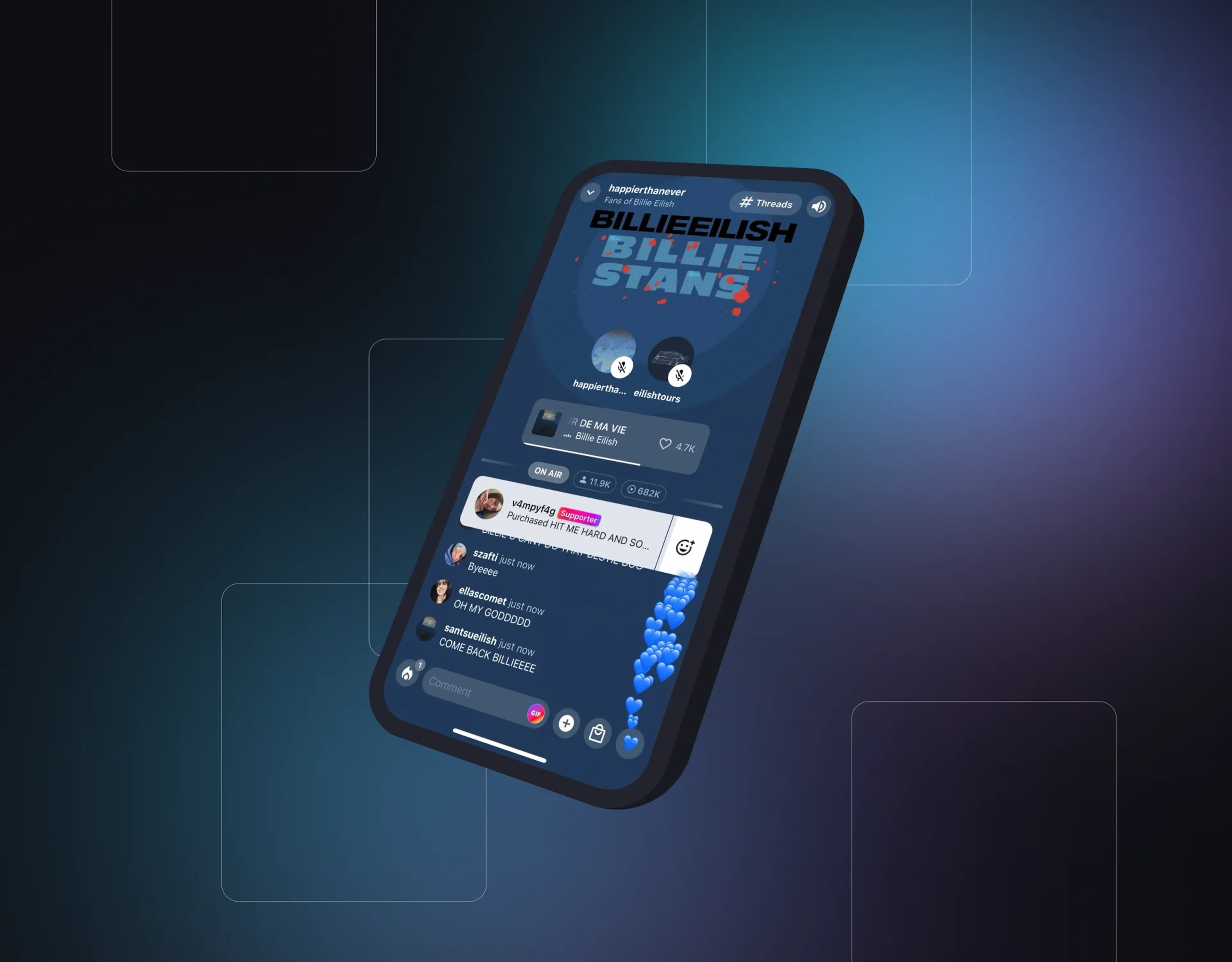A smartphone displaying a music-related app interface with a Billie Eilish theme on a dark, gradient background.