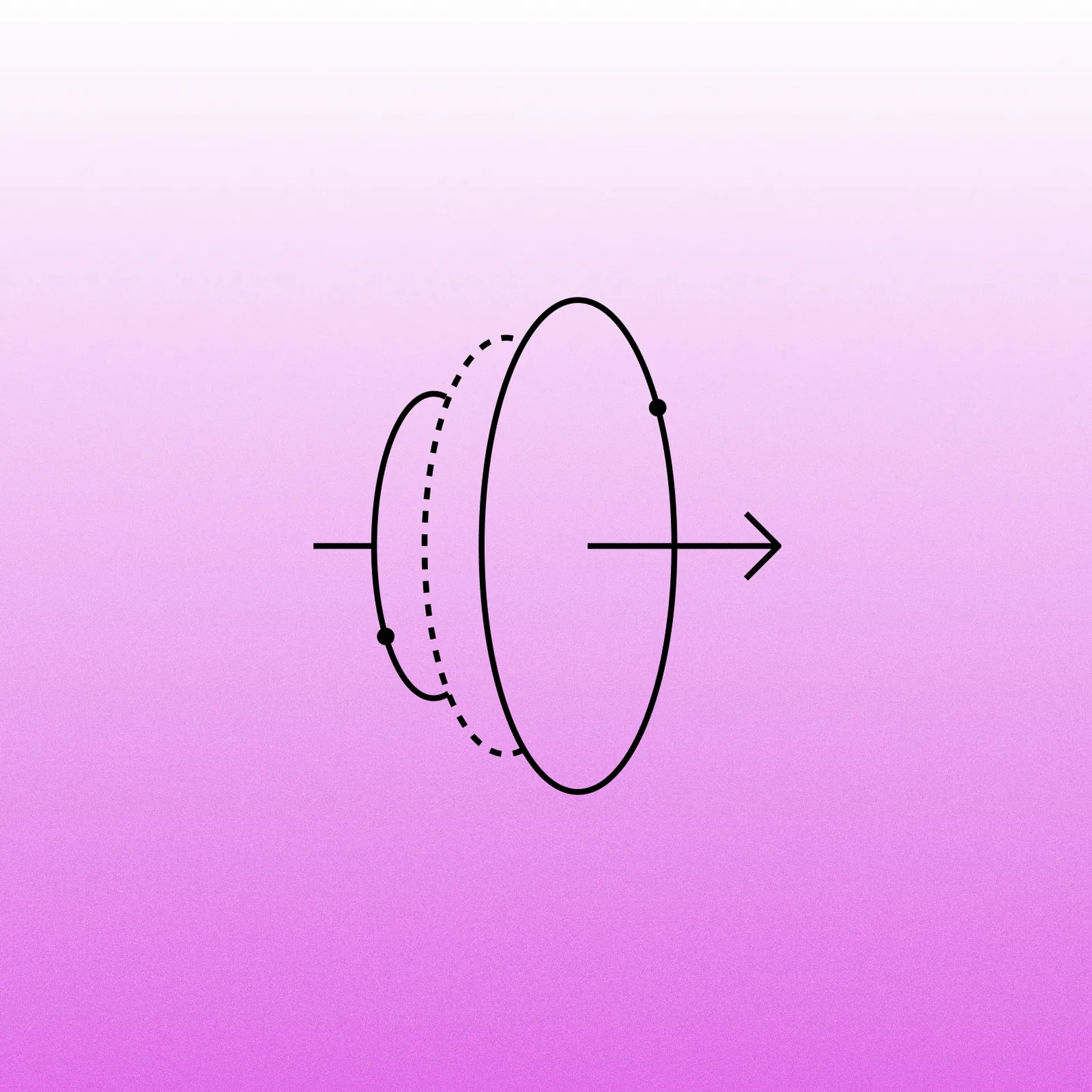 Line icon of an arrow passing through a dotted ellipse, representing direction and momentum