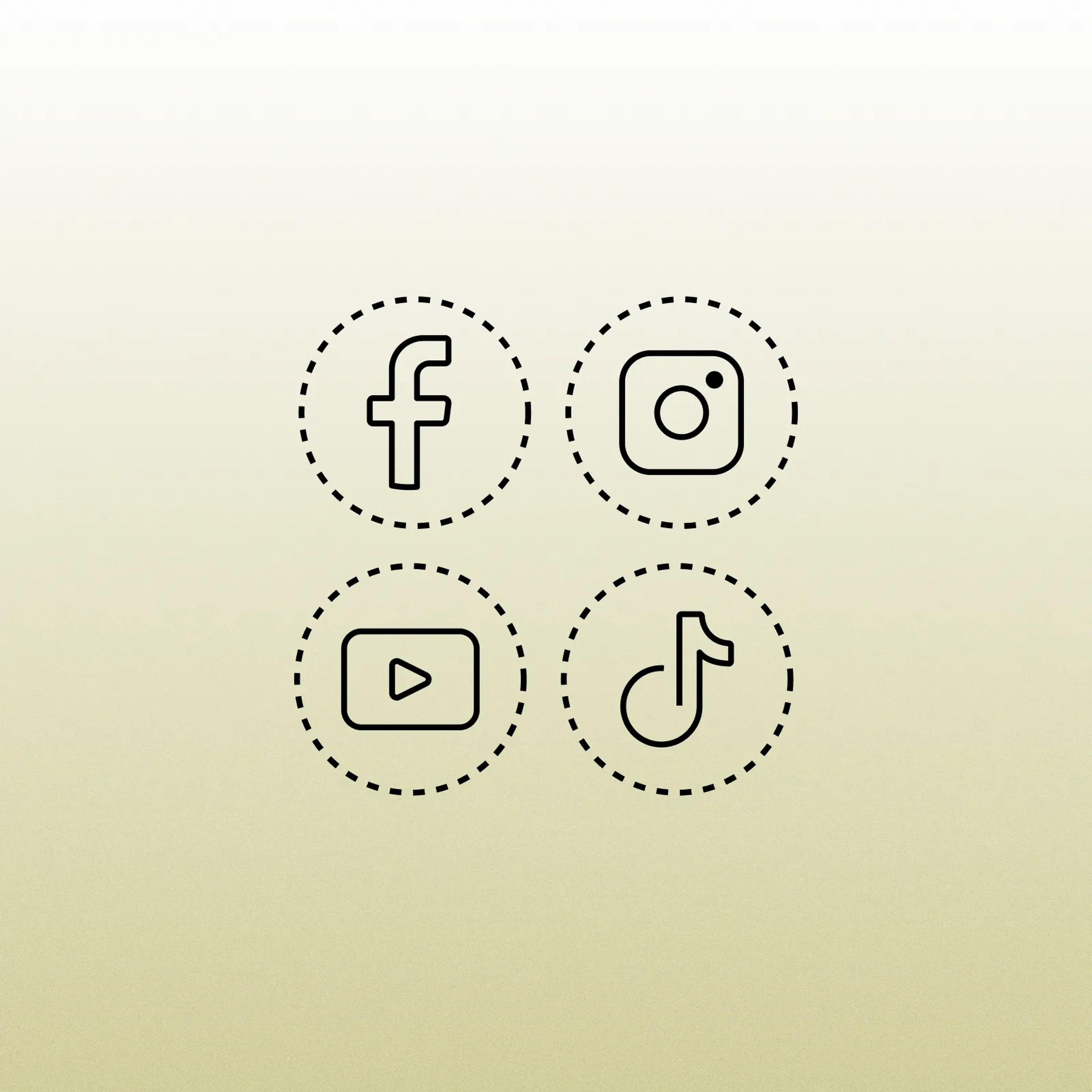 Line icon of Facebook, Instagram, YouTube and TikTok marks in dotted circles, representing social platforms