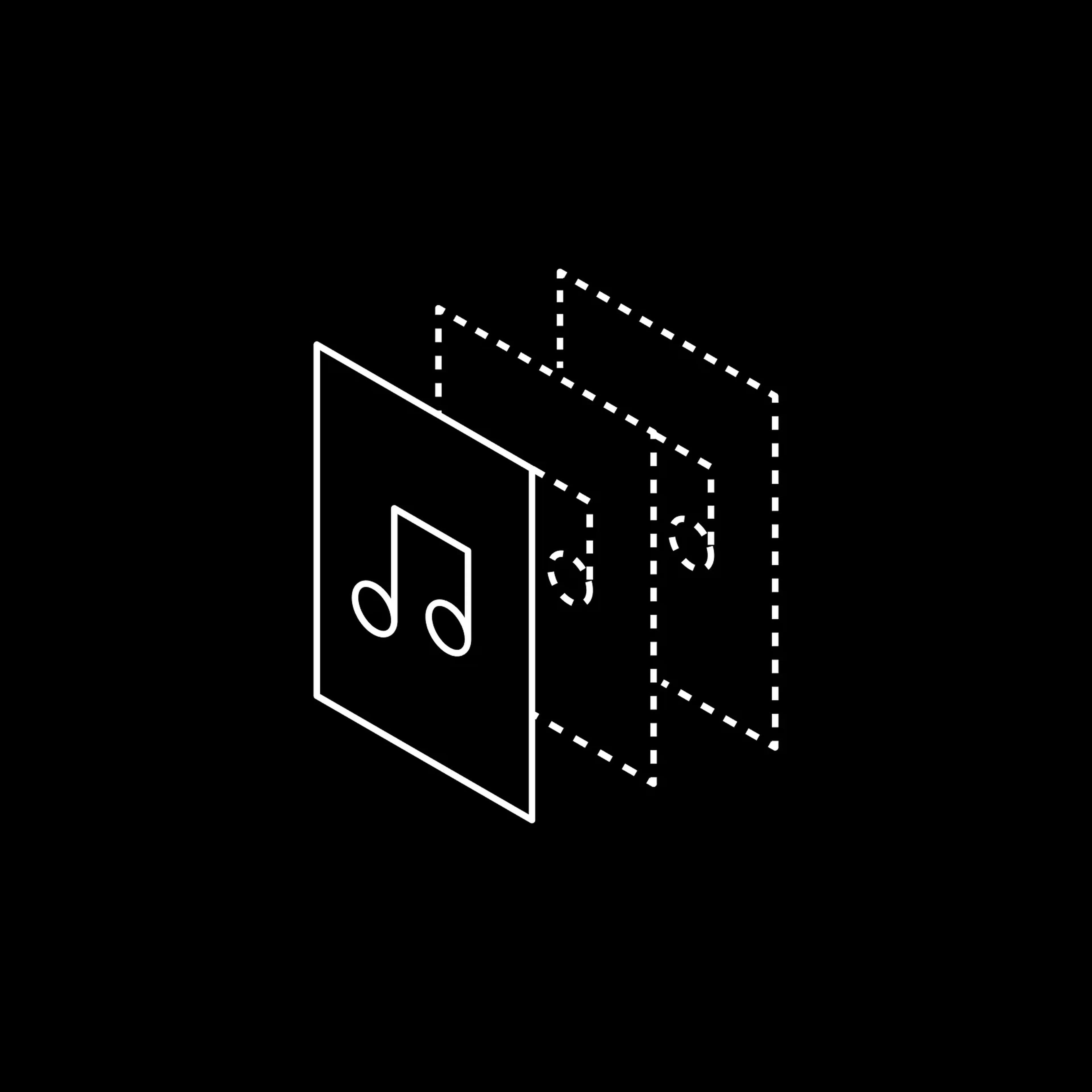 Line icon of three stacked isometric sheets with music notes, representing playlists and catalogues