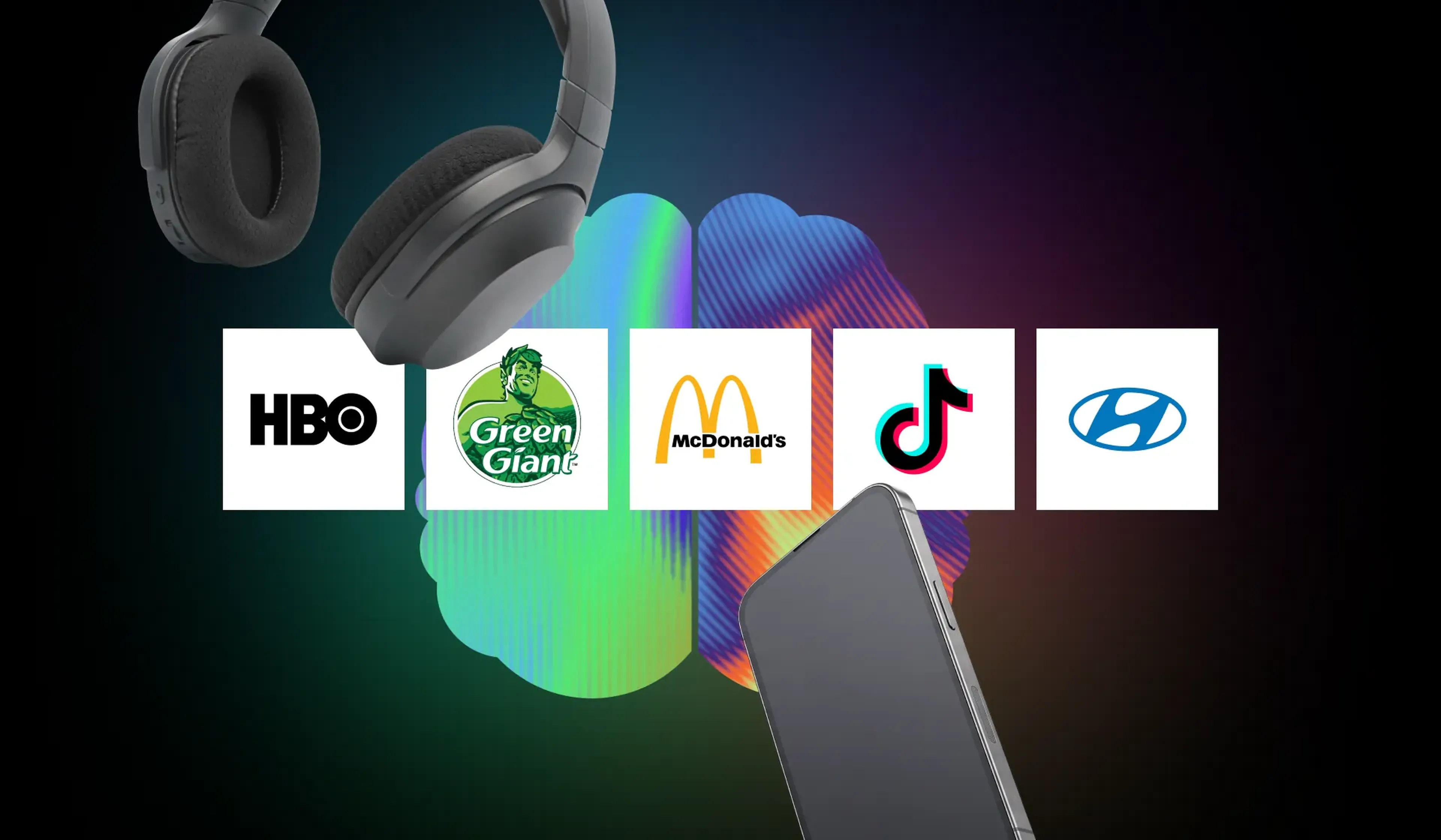 Logos of HBO, Green Giant, McDonald's, TikTok and Hyundai over a brain, sonic logos that are recalled or recognised