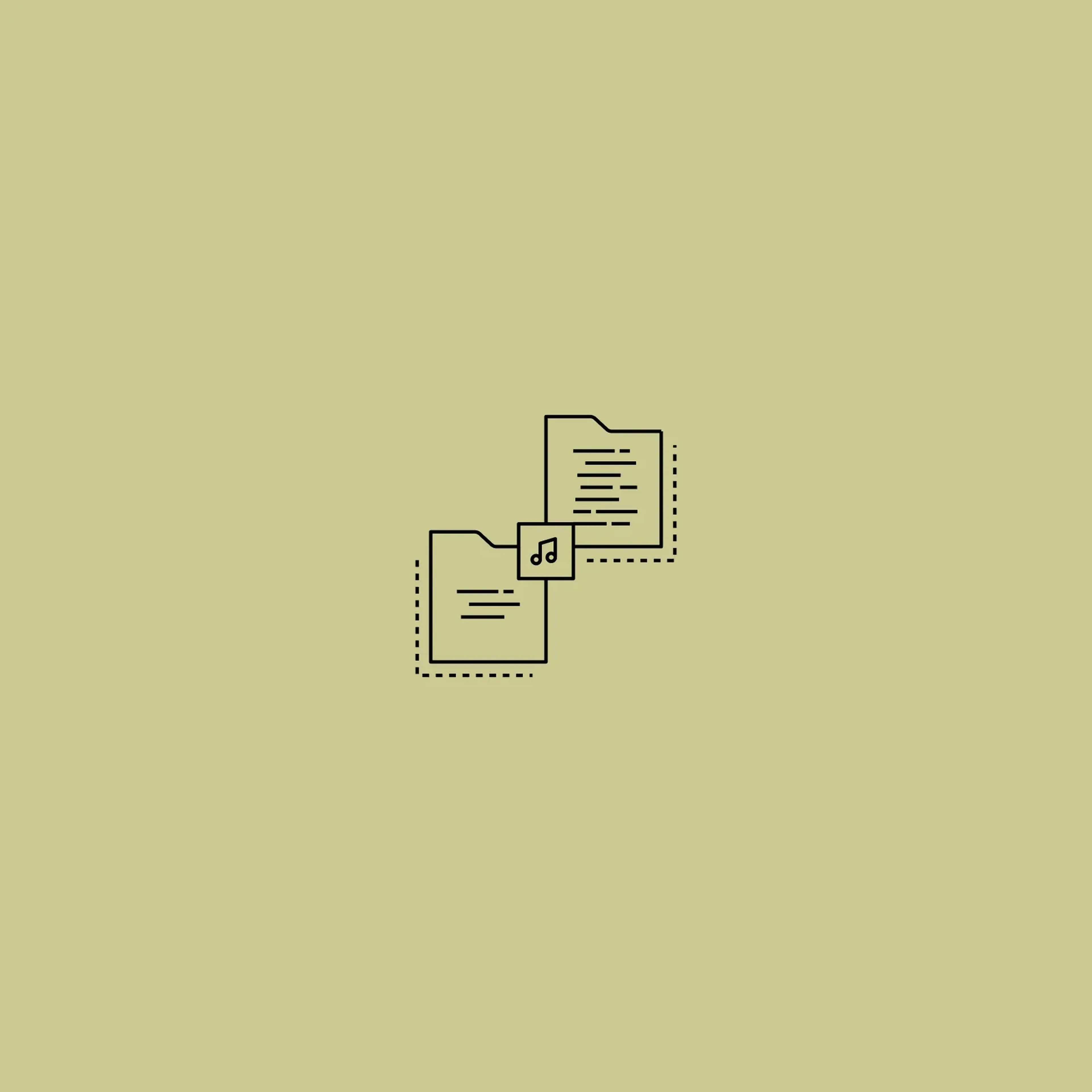 Line icon of two documents linked by a music note, representing enhanced metadata