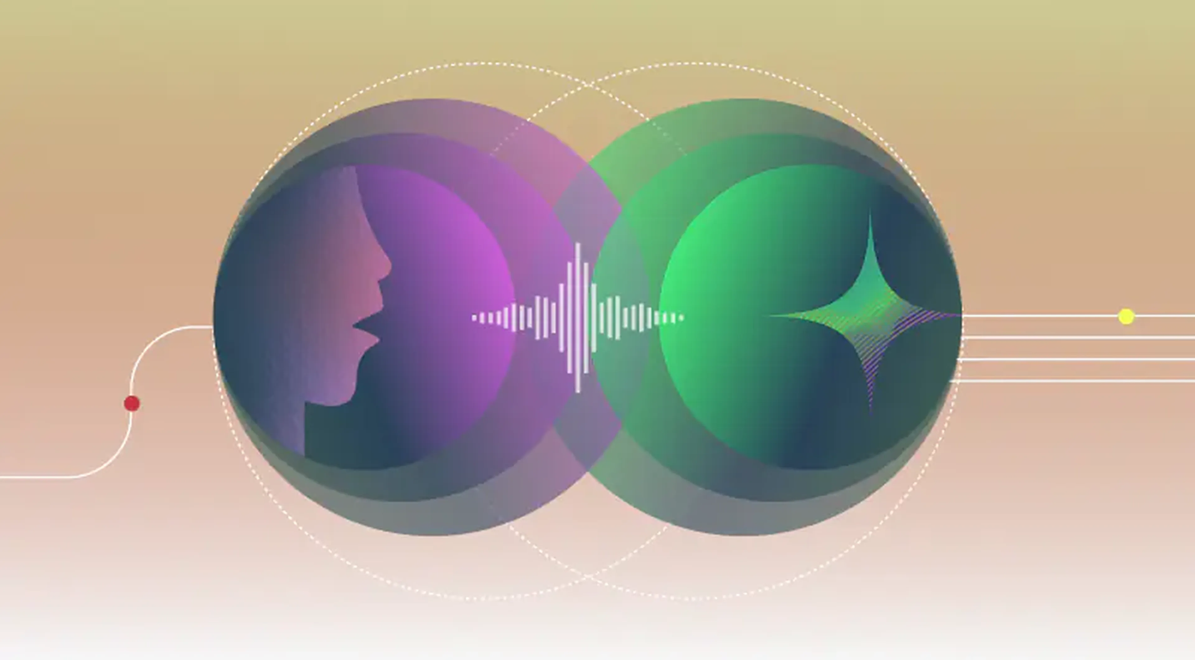 Two overlapping orbs depicting seamless human and AI voice integration with central waveform