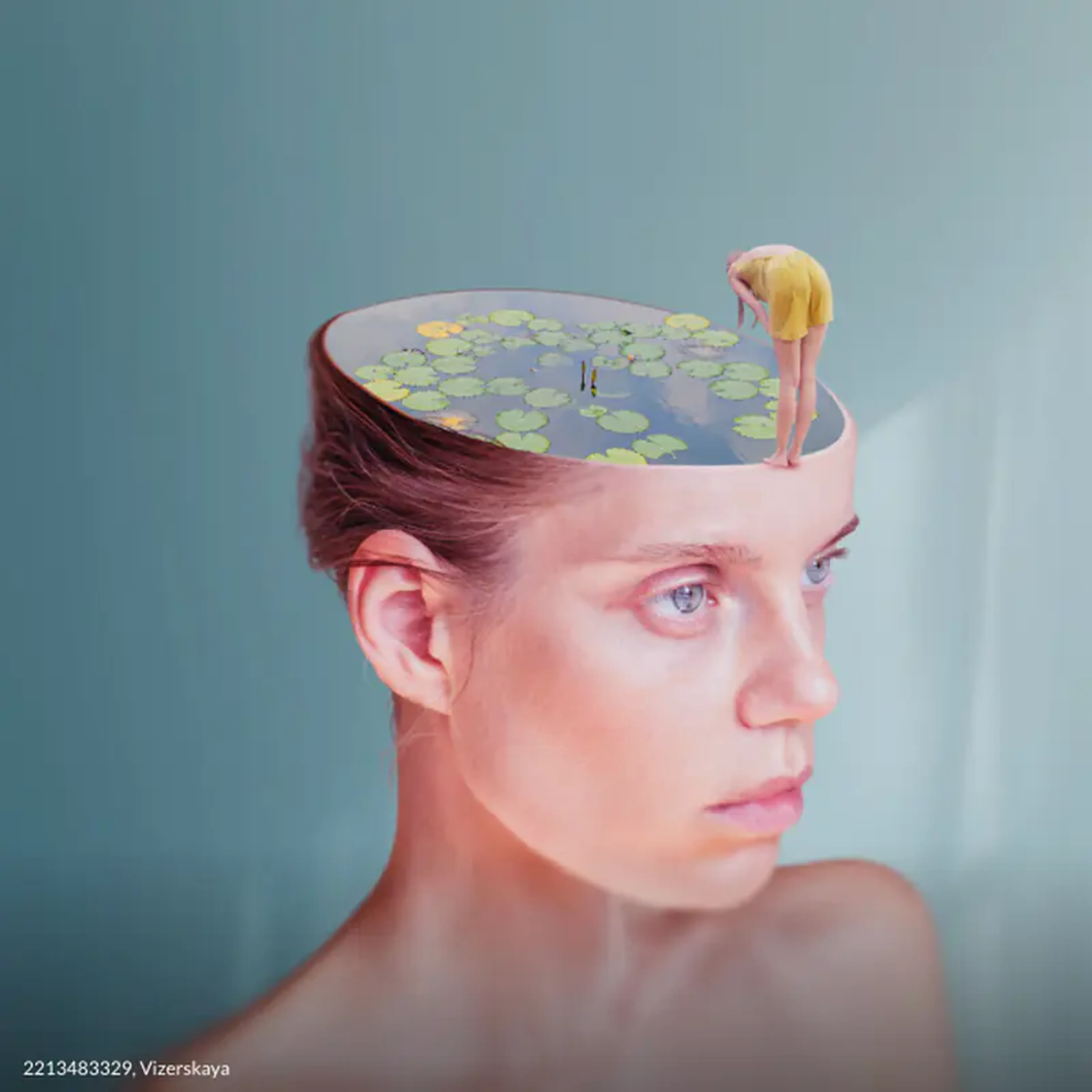 Surreal portrait with a lily pond inside a woman's head, evoking how jingles lodge in listeners' memories