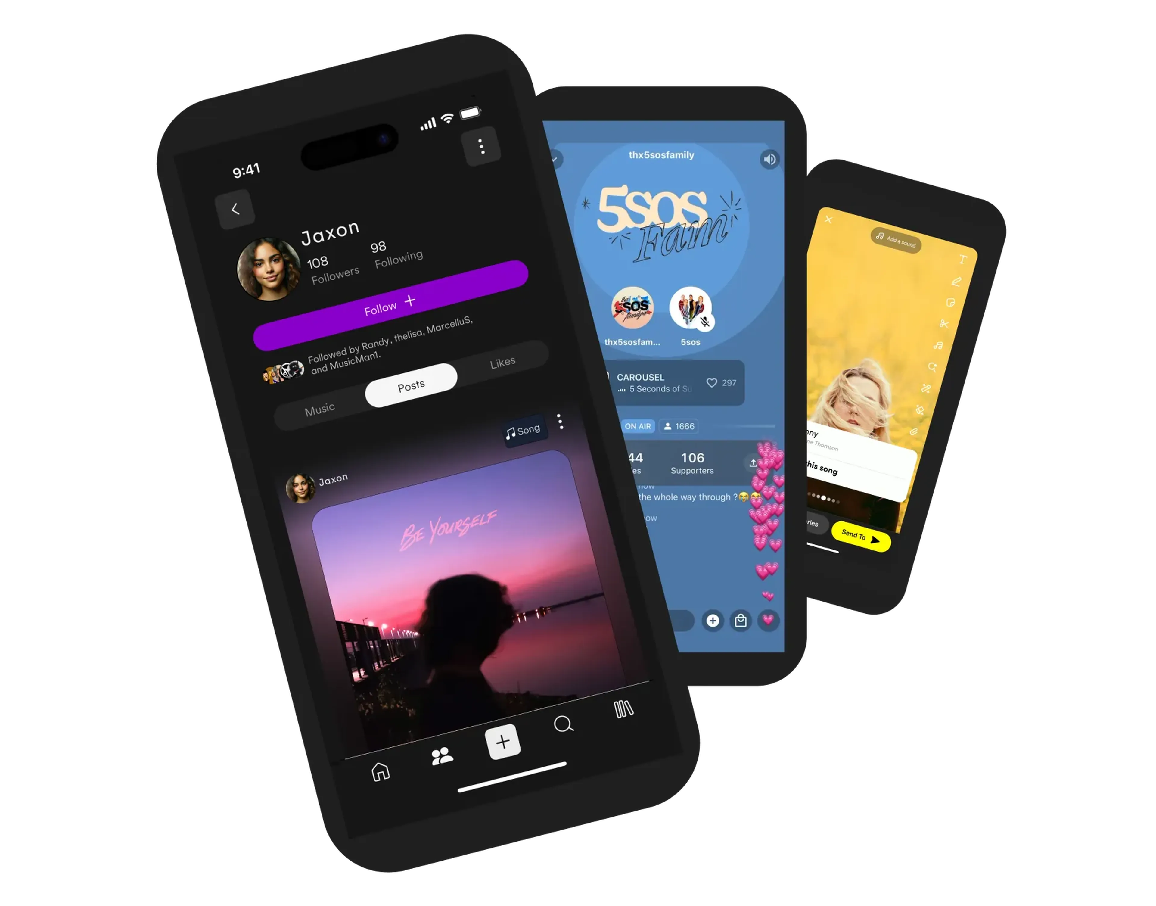 Phone screens showing a creator profile, an artist fan community and a song share, music tech for social platforms