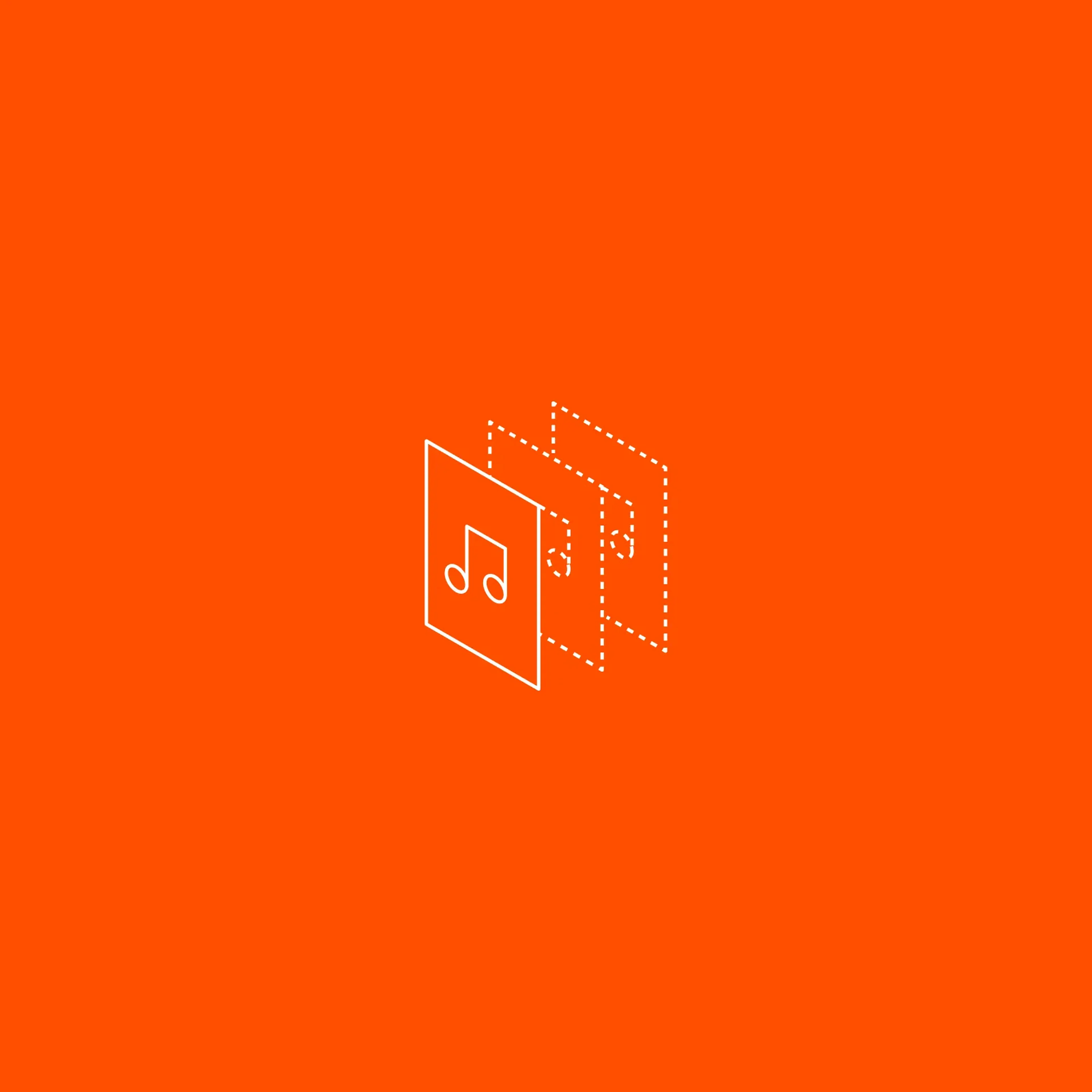 Line icon of three stacked isometric sheets with music notes, representing playlists and catalogues