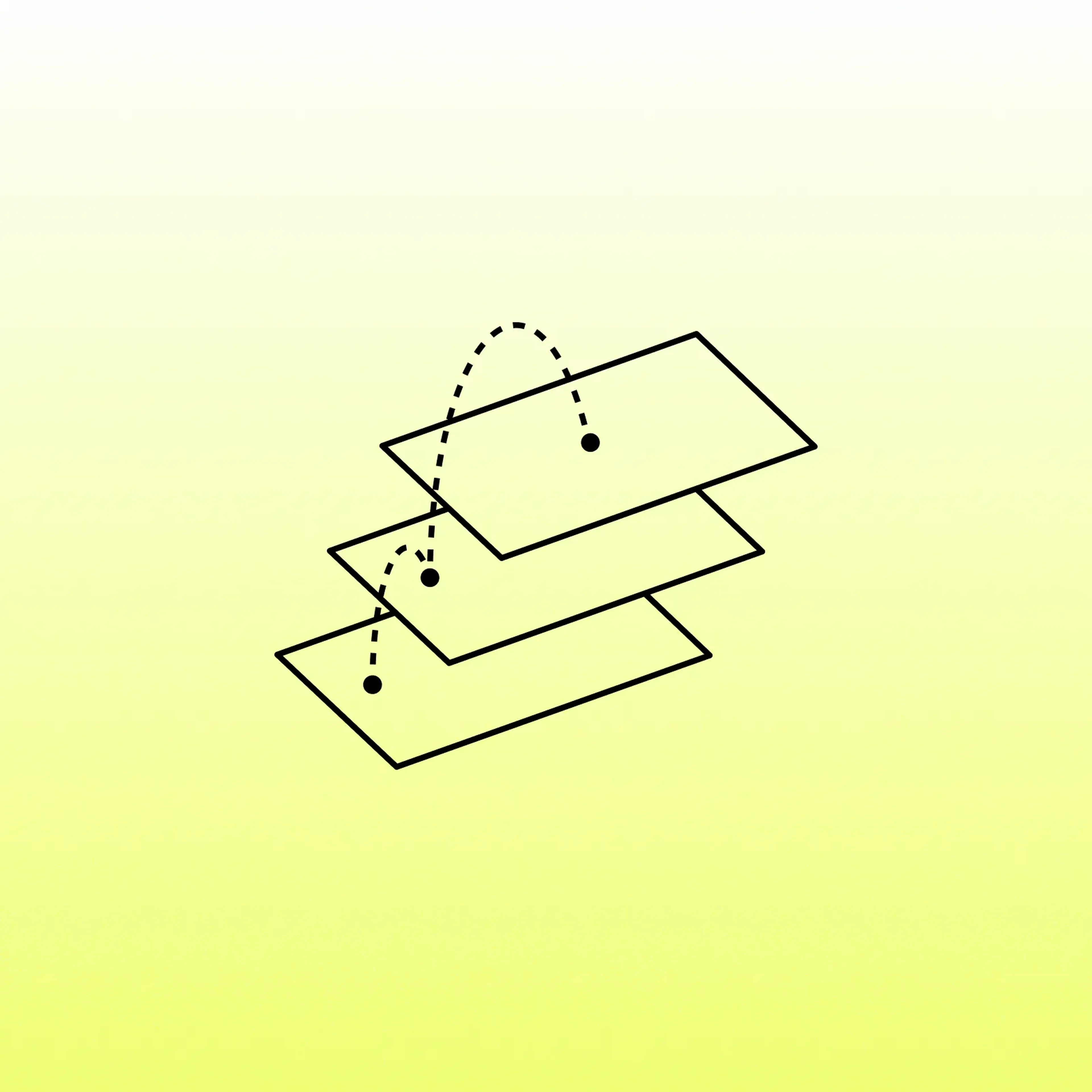 Line icon of three stacked isometric planes traced by a dotted arc, representing layered data