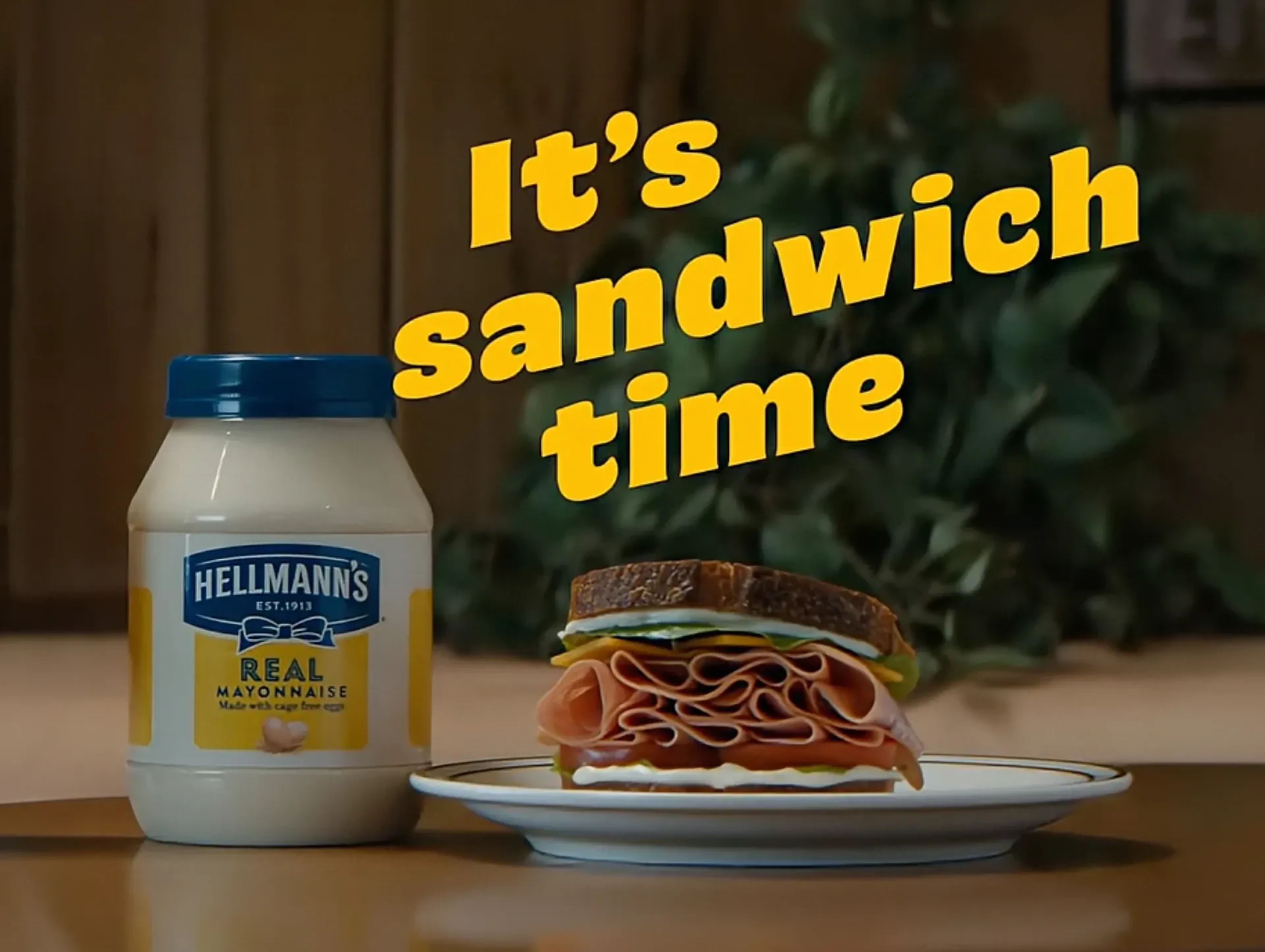 Hellmann's Real Mayonnaise jar and a sandwich beside the It's sandwich time title from the MassiveMusic campaign