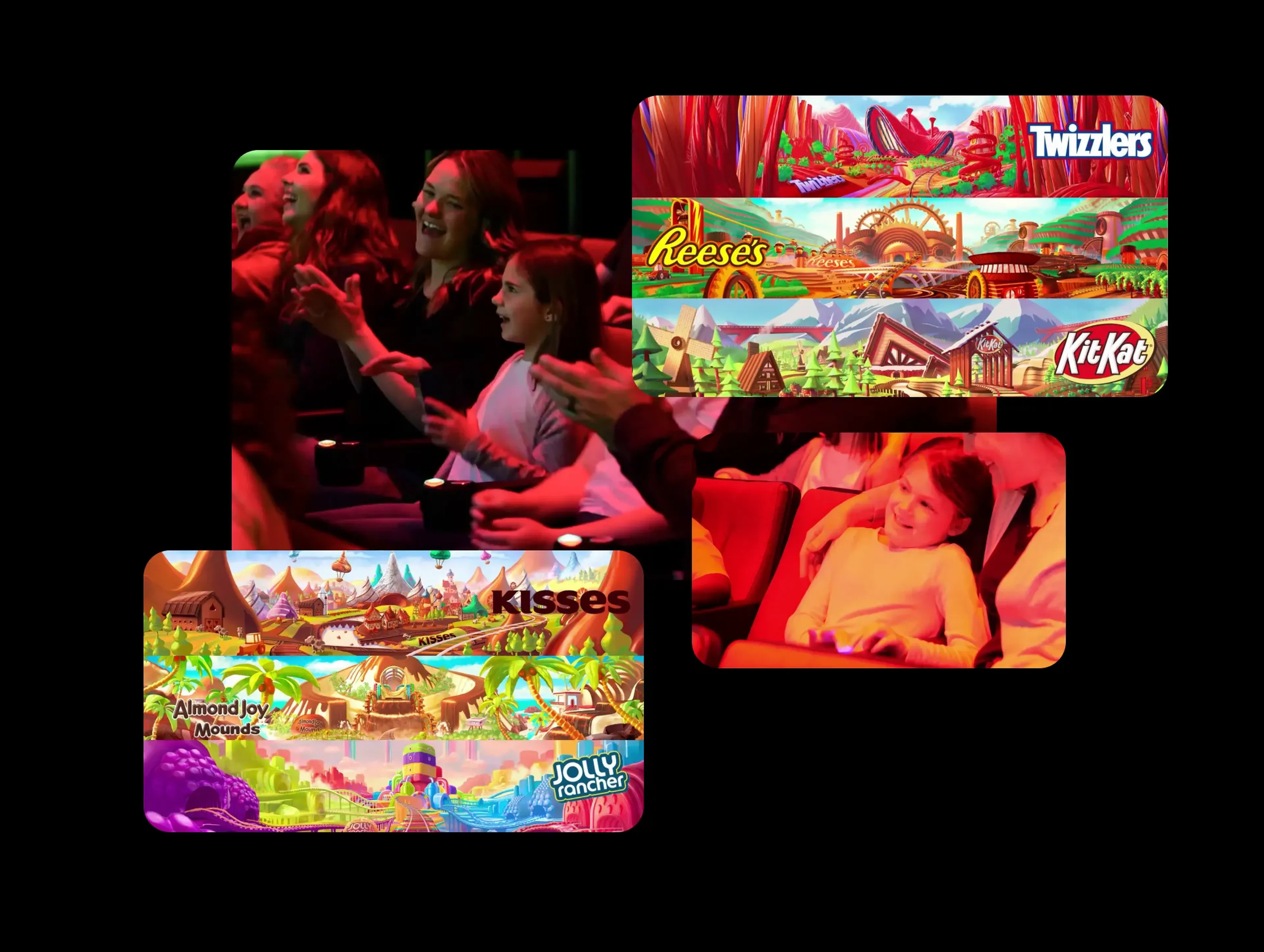 Audience reacting as Twizzlers, Reese's, Kit Kat and Kisses worlds play across the Great Candy Expedition screens
